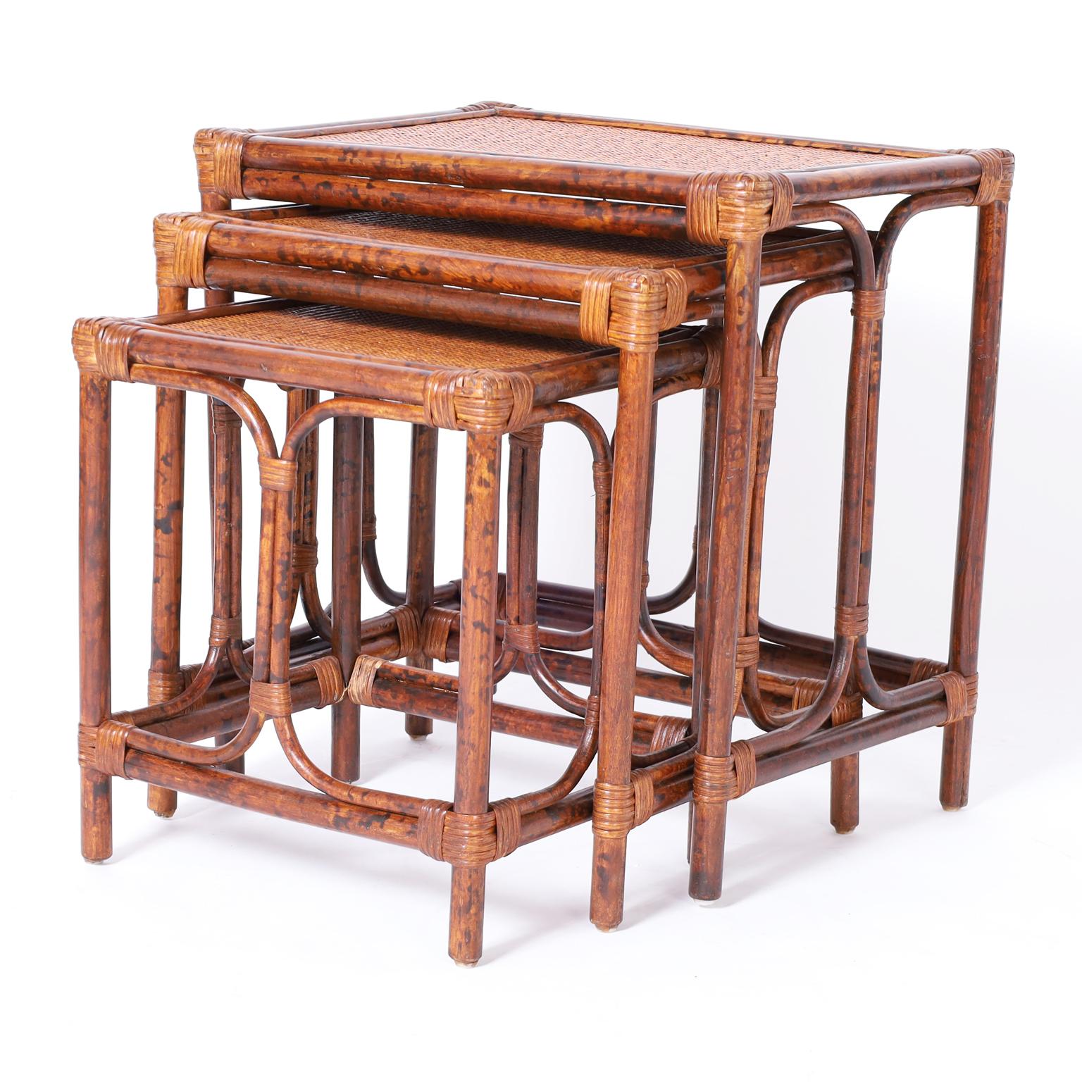 Philippine British Colonial Style Nest of Faux Bamboo Tables For Sale