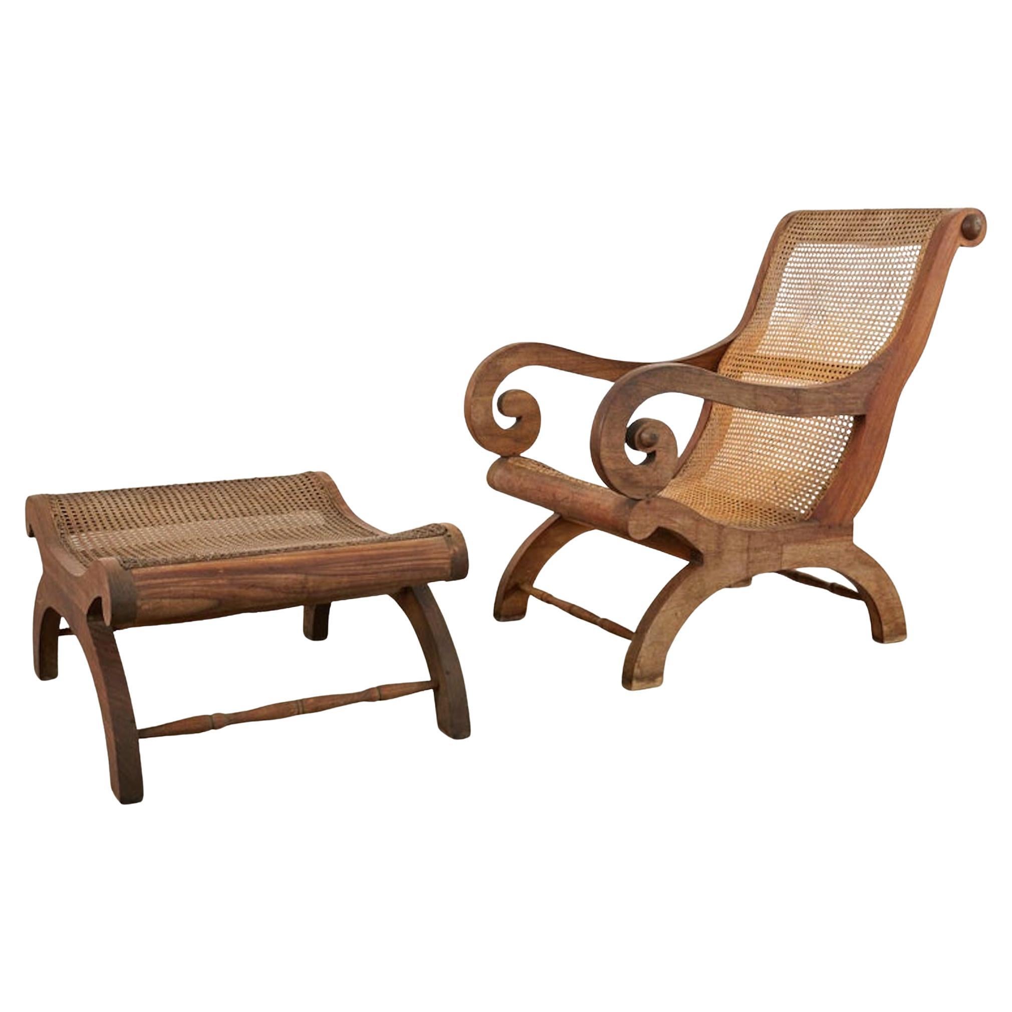 British Colonial Style Plantation Lounge Chair with Ottoman