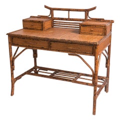 British Colonial Style Rattan & Grasscloth Pagoda Desk