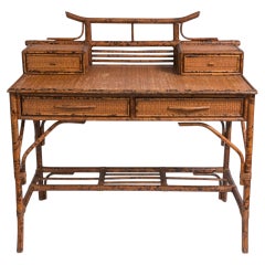 British Colonial Style Rattan & Grasscloth Pagoda Desk