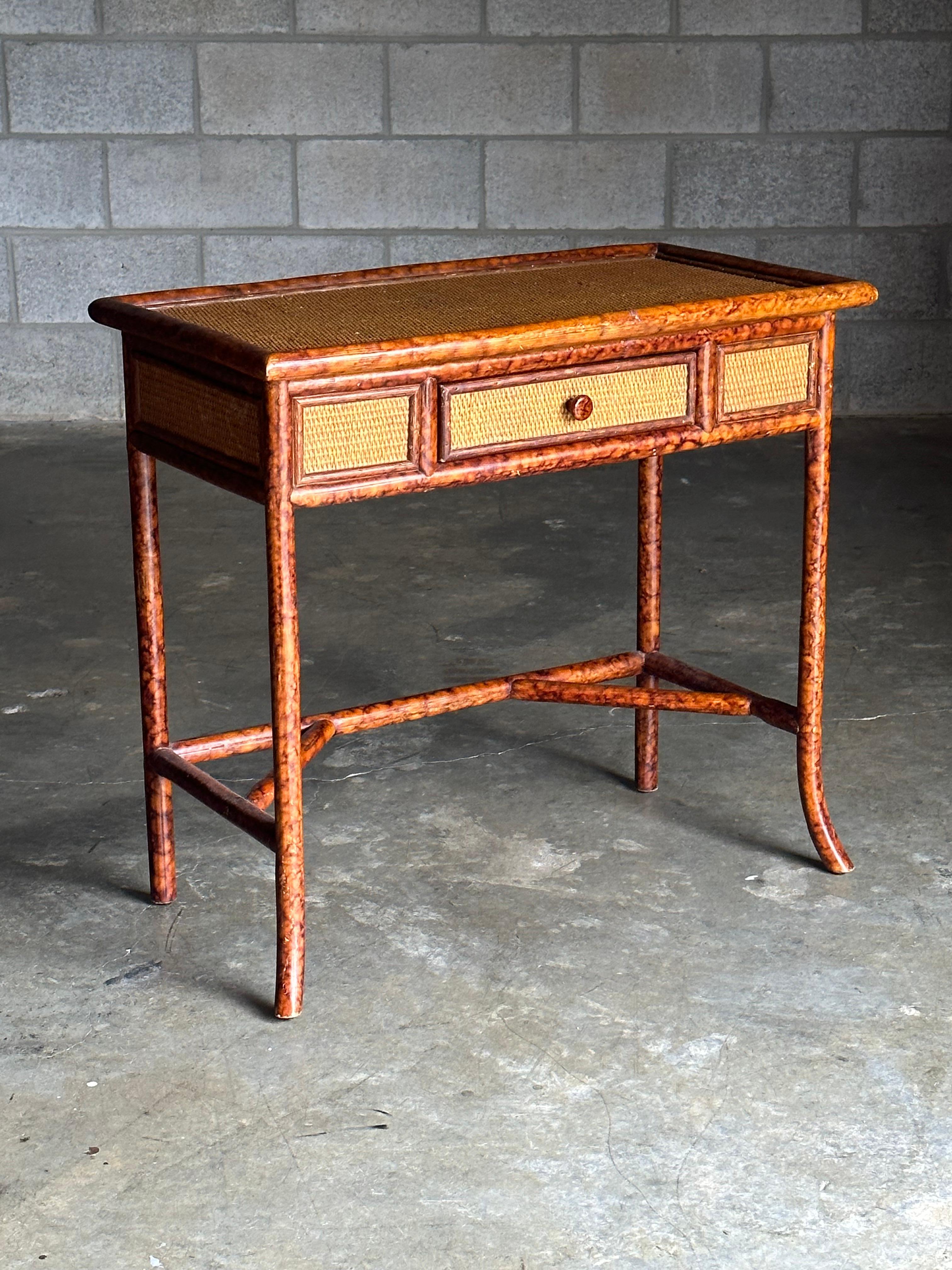 American British Colonial Style Small Desk or Console Table, Faux Bamboo and Cane