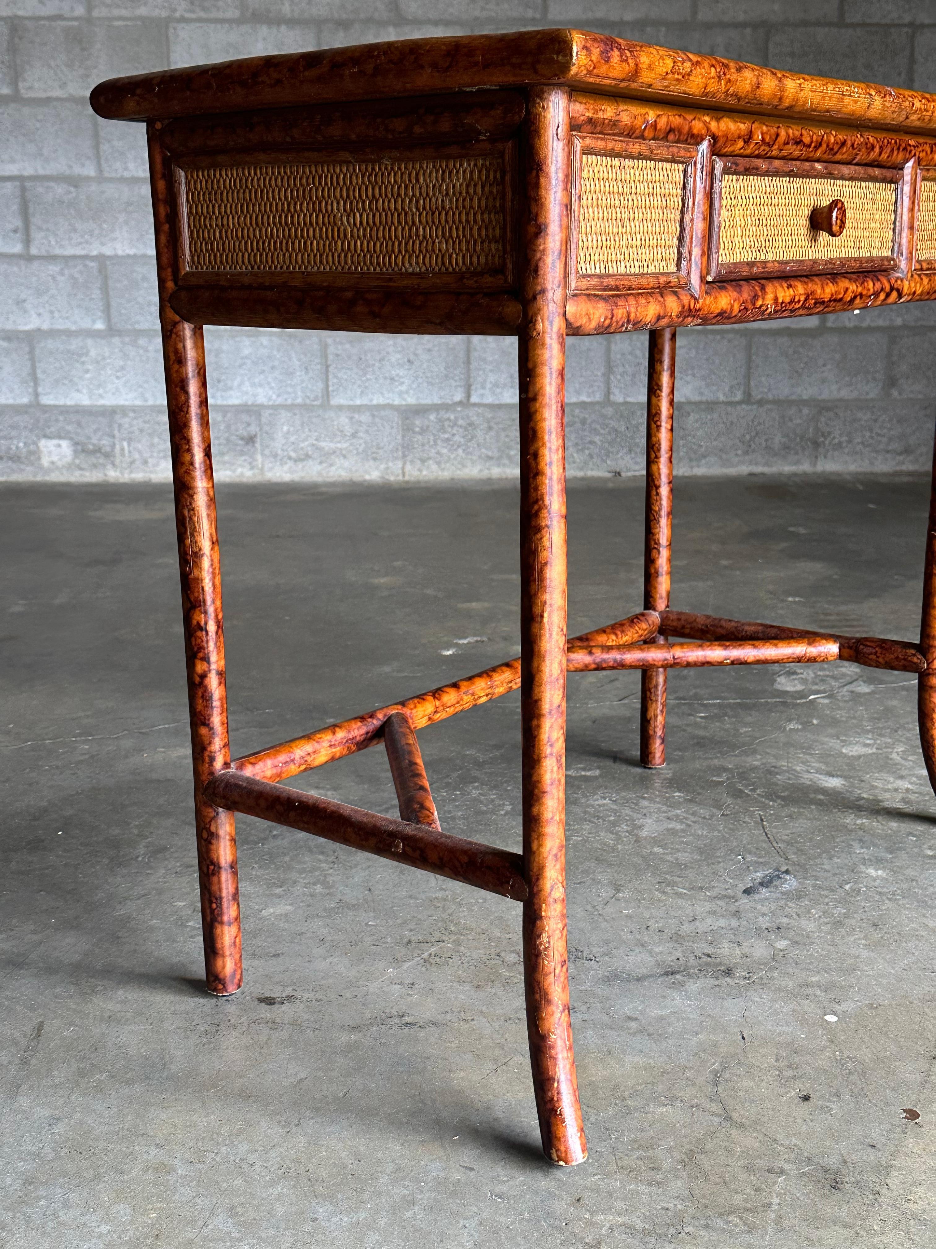 Late 20th Century British Colonial Style Small Desk or Console Table, Faux Bamboo and Cane