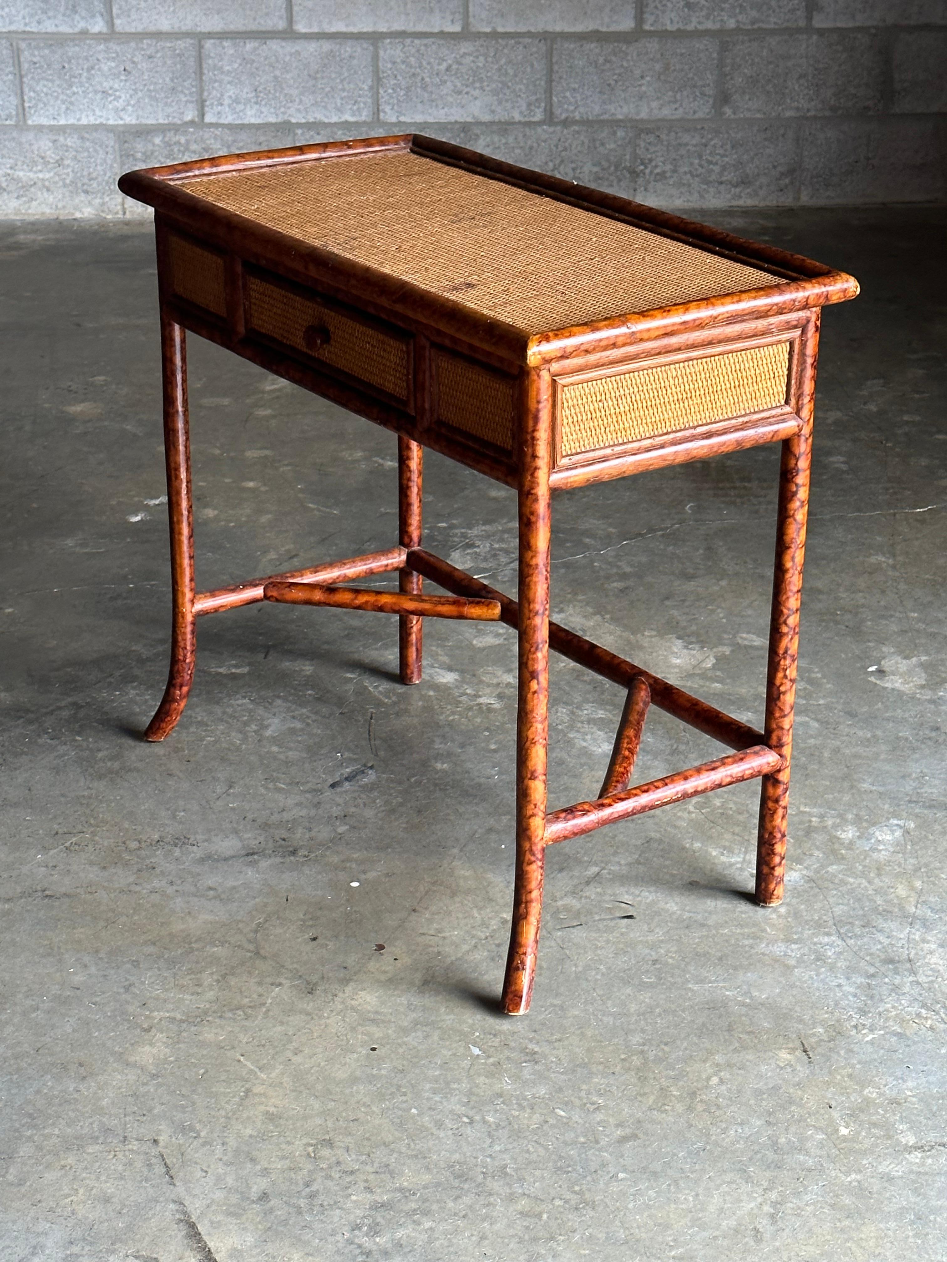 British Colonial Style Small Desk or Console Table, Faux Bamboo and Cane 1