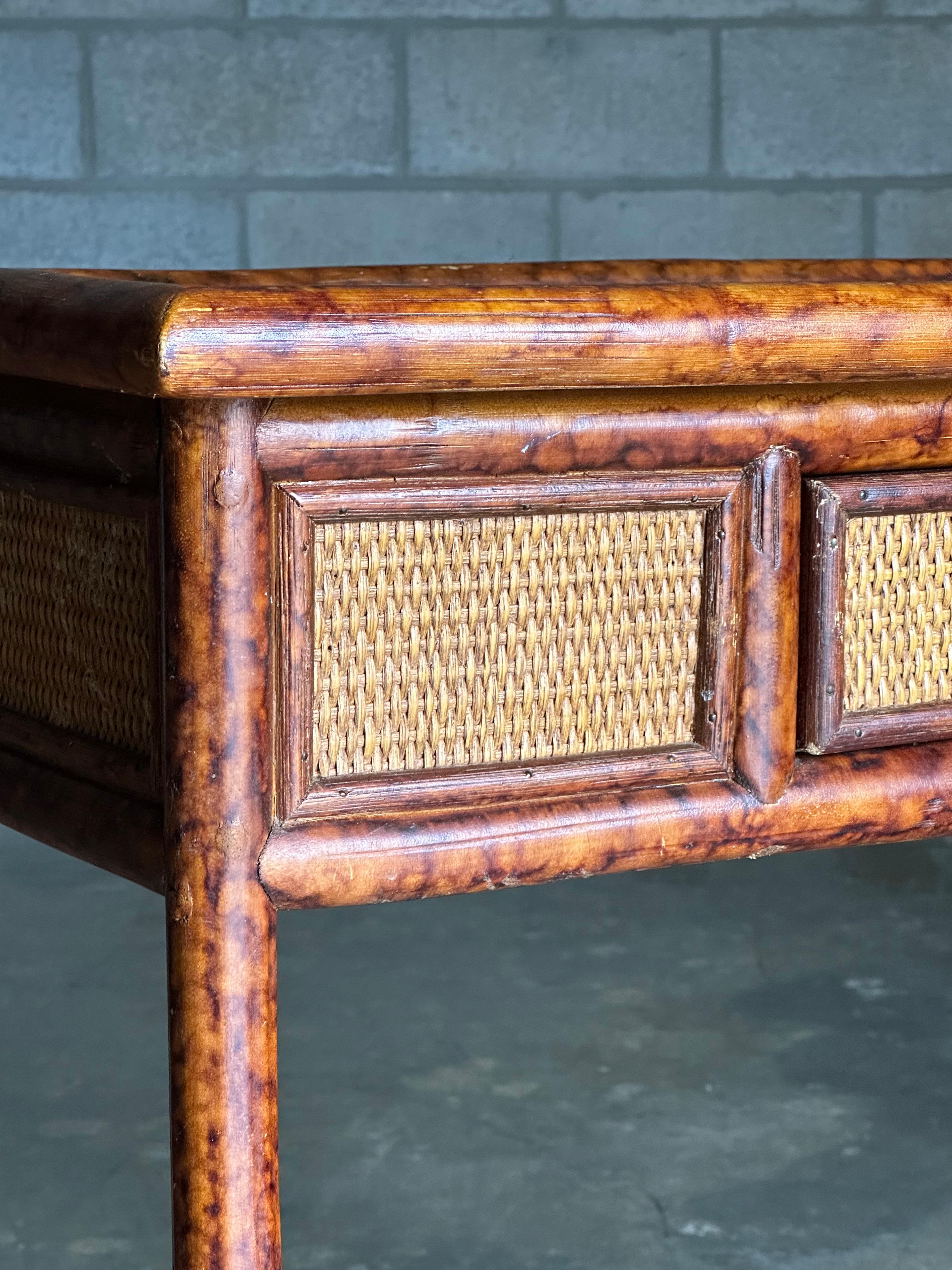 British Colonial Style Small Desk or Console Table, Faux Bamboo and Cane 2