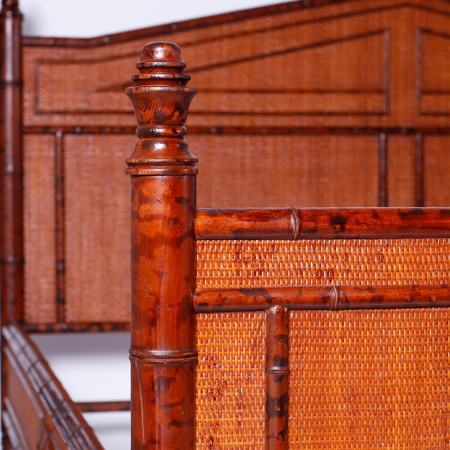 British Colonial Style Super King Faux Bamboo and Grasscloth Bed In Good Condition In Palm Beach, FL