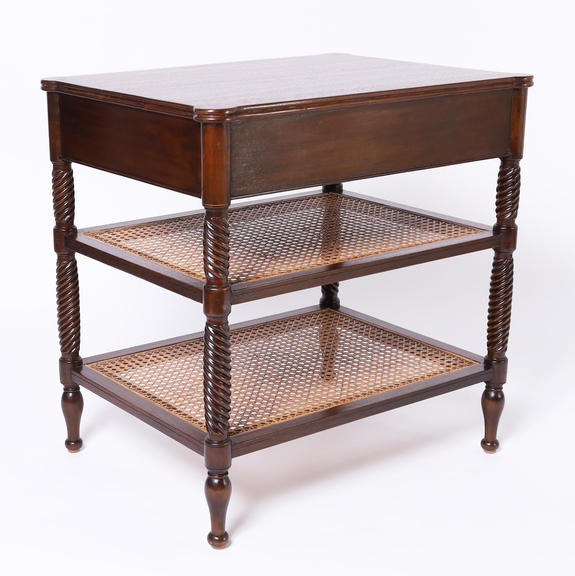 Hand-Crafted British Colonial Style Three Tiered Caned Stand or Table For Sale