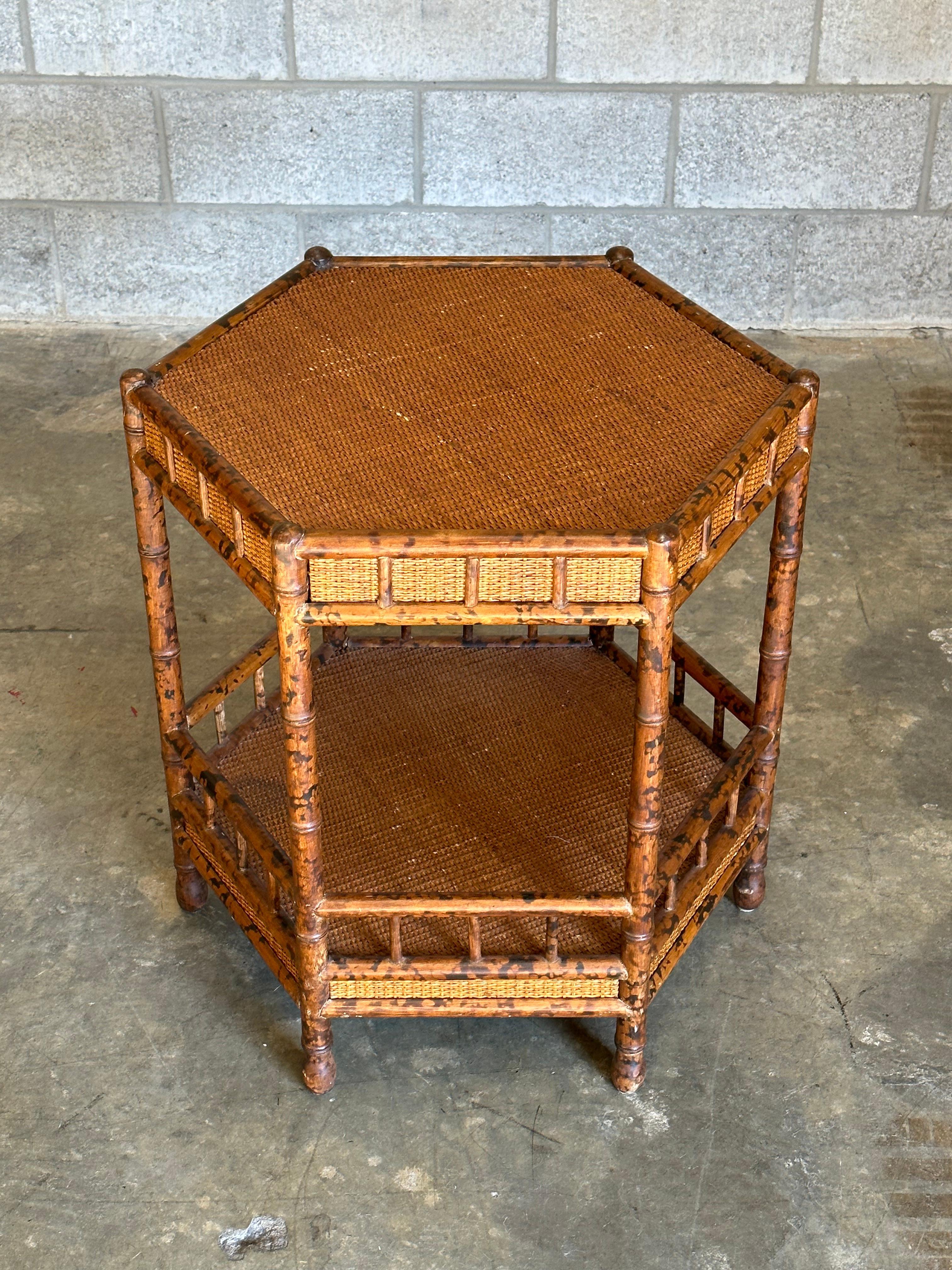 American British Colonial Style Tiered Hexagon Table in Faux Bamboo and Cane