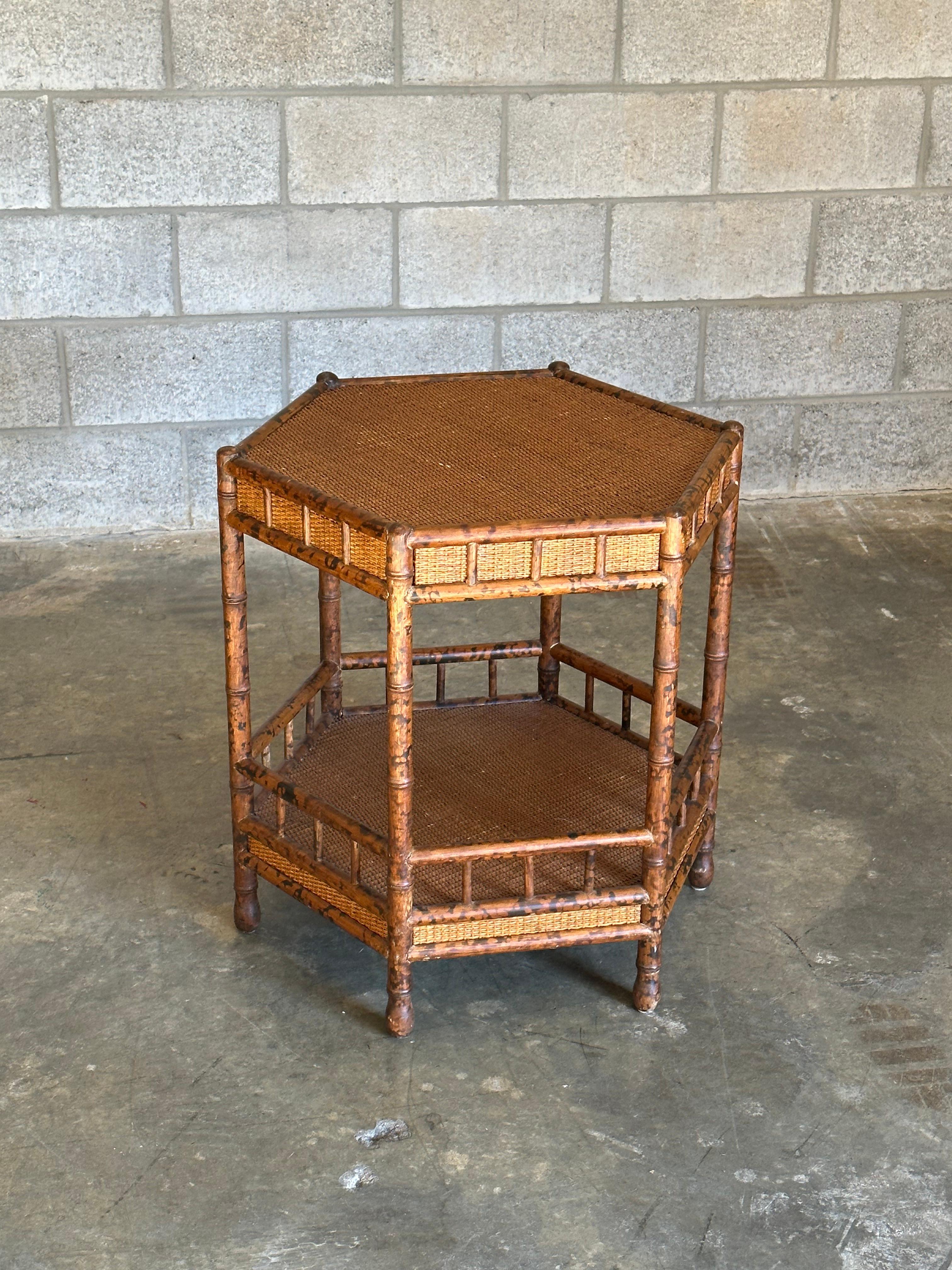 British Colonial Style Tiered Hexagon Table in Faux Bamboo and Cane In Good Condition In St.Petersburg, FL