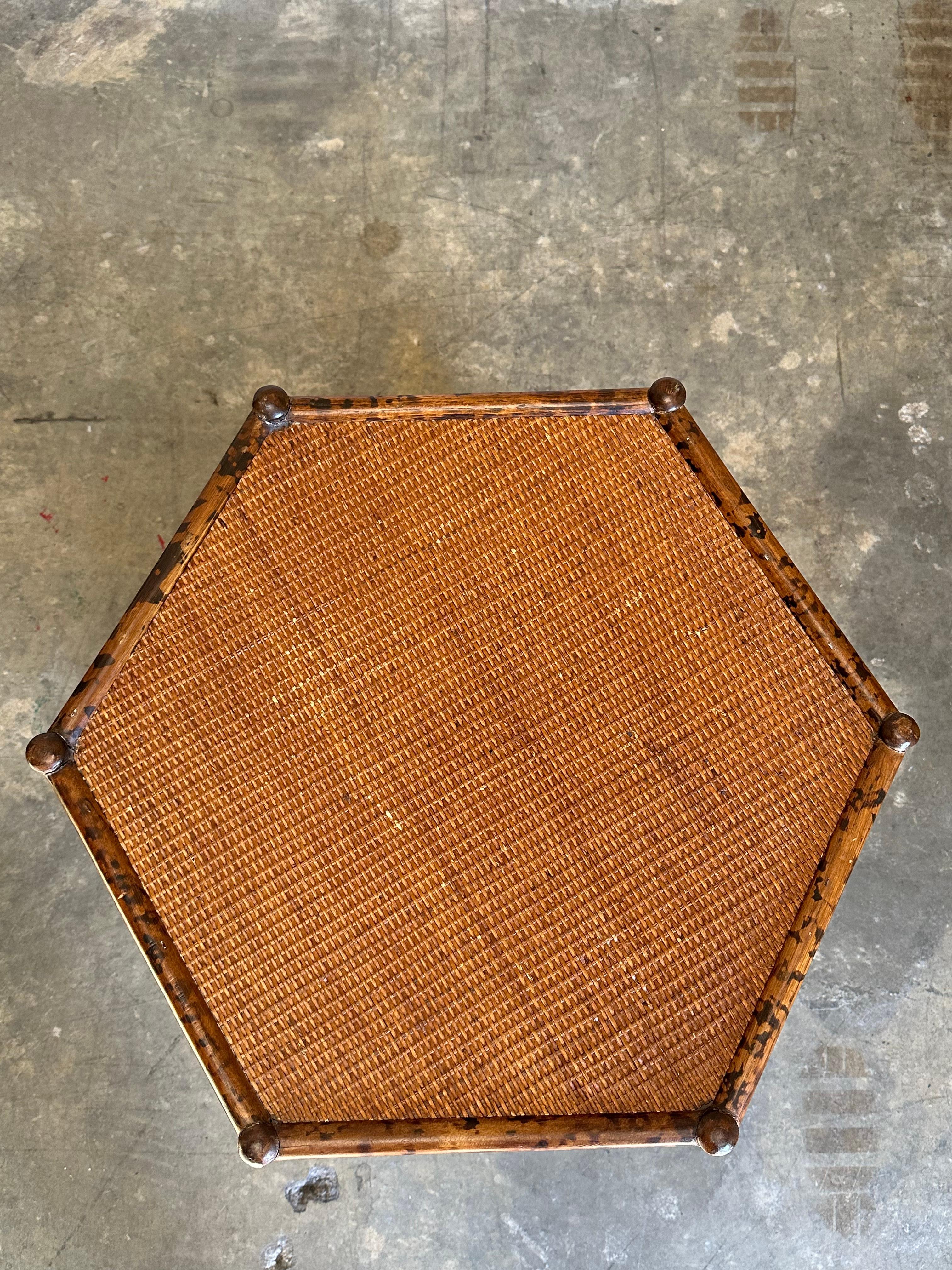 Late 20th Century British Colonial Style Tiered Hexagon Table in Faux Bamboo and Cane