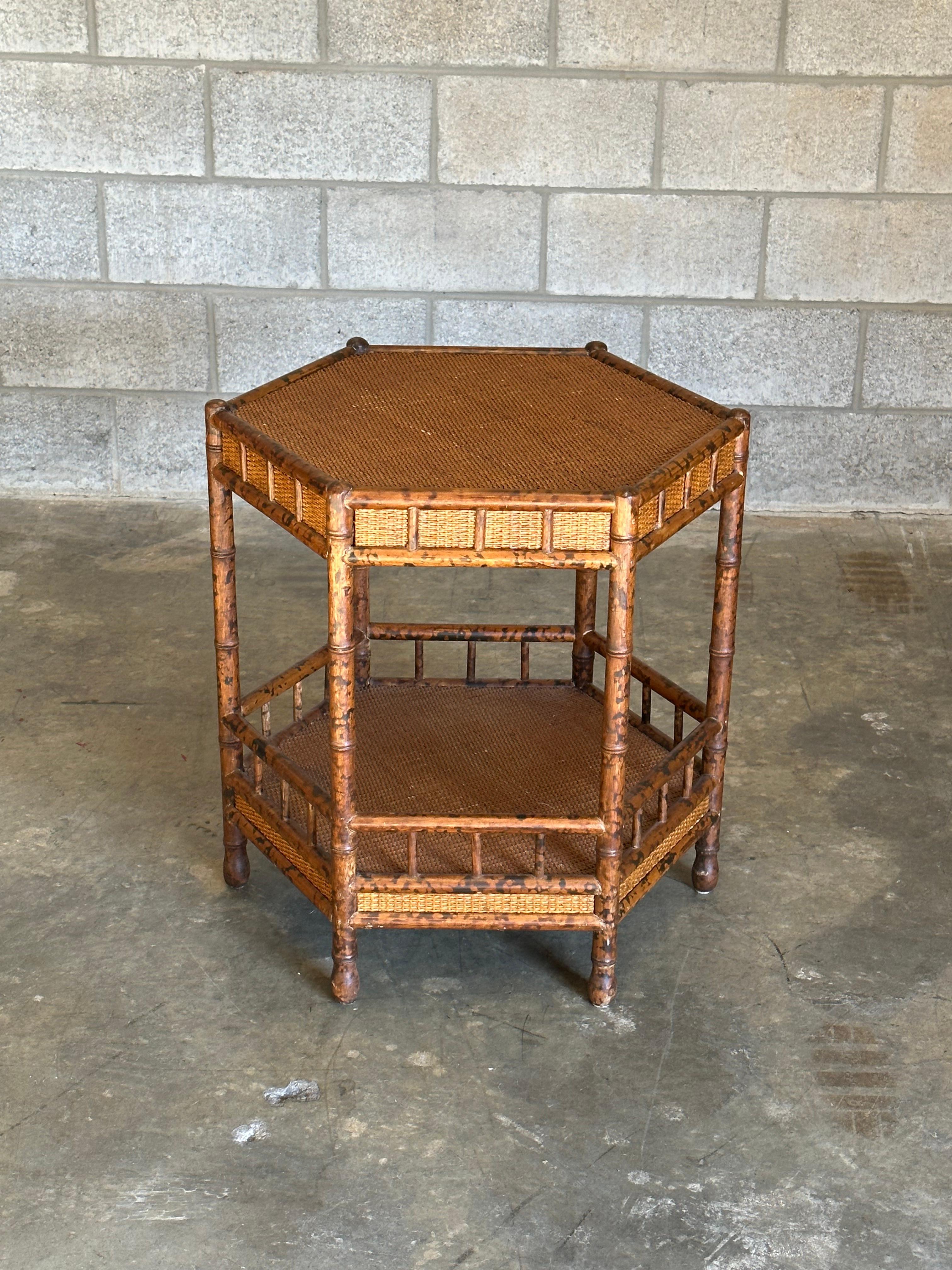 British Colonial Style Tiered Hexagon Table in Faux Bamboo and Cane 1