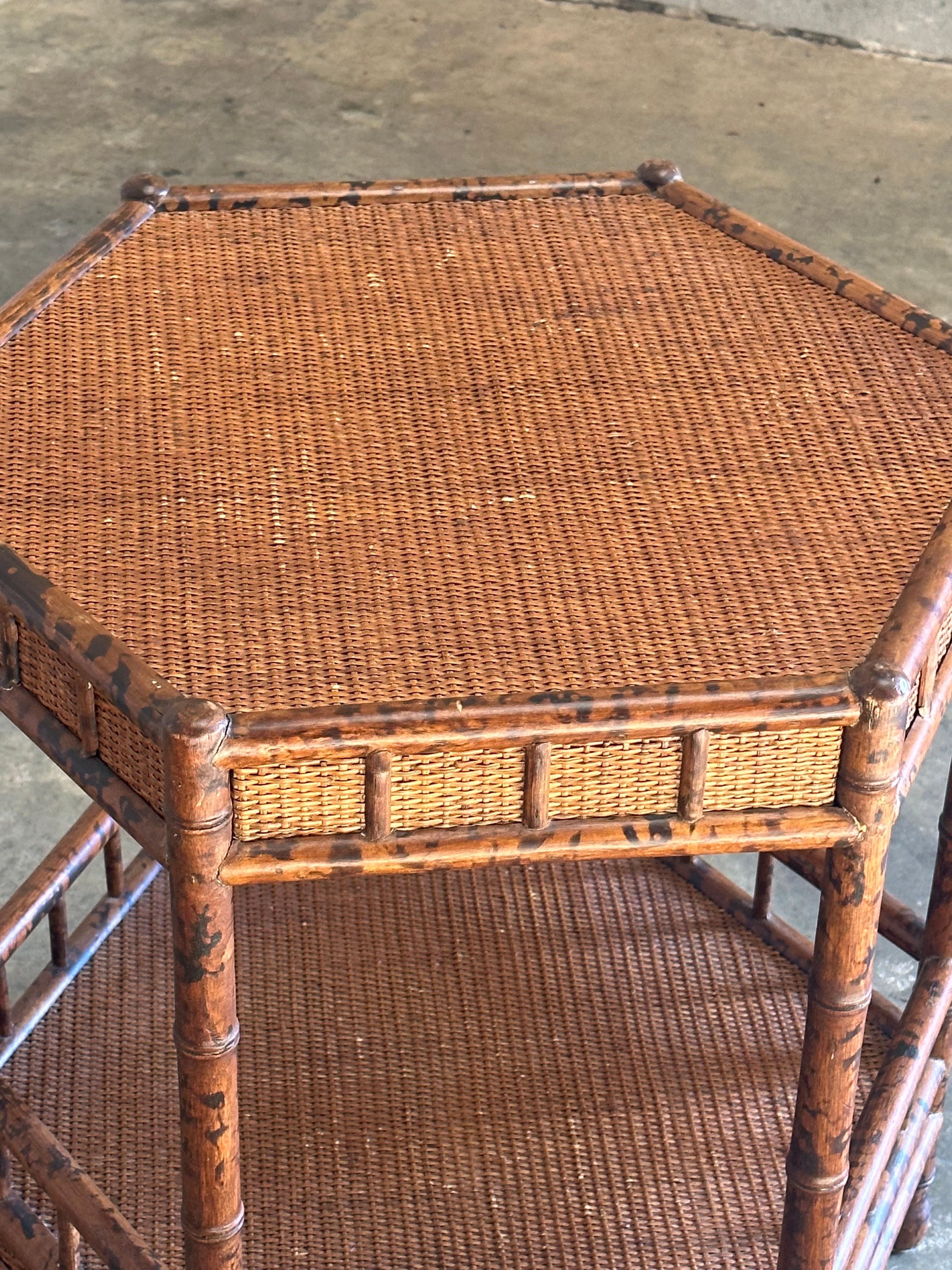 British Colonial Style Tiered Hexagon Table in Faux Bamboo and Cane 2