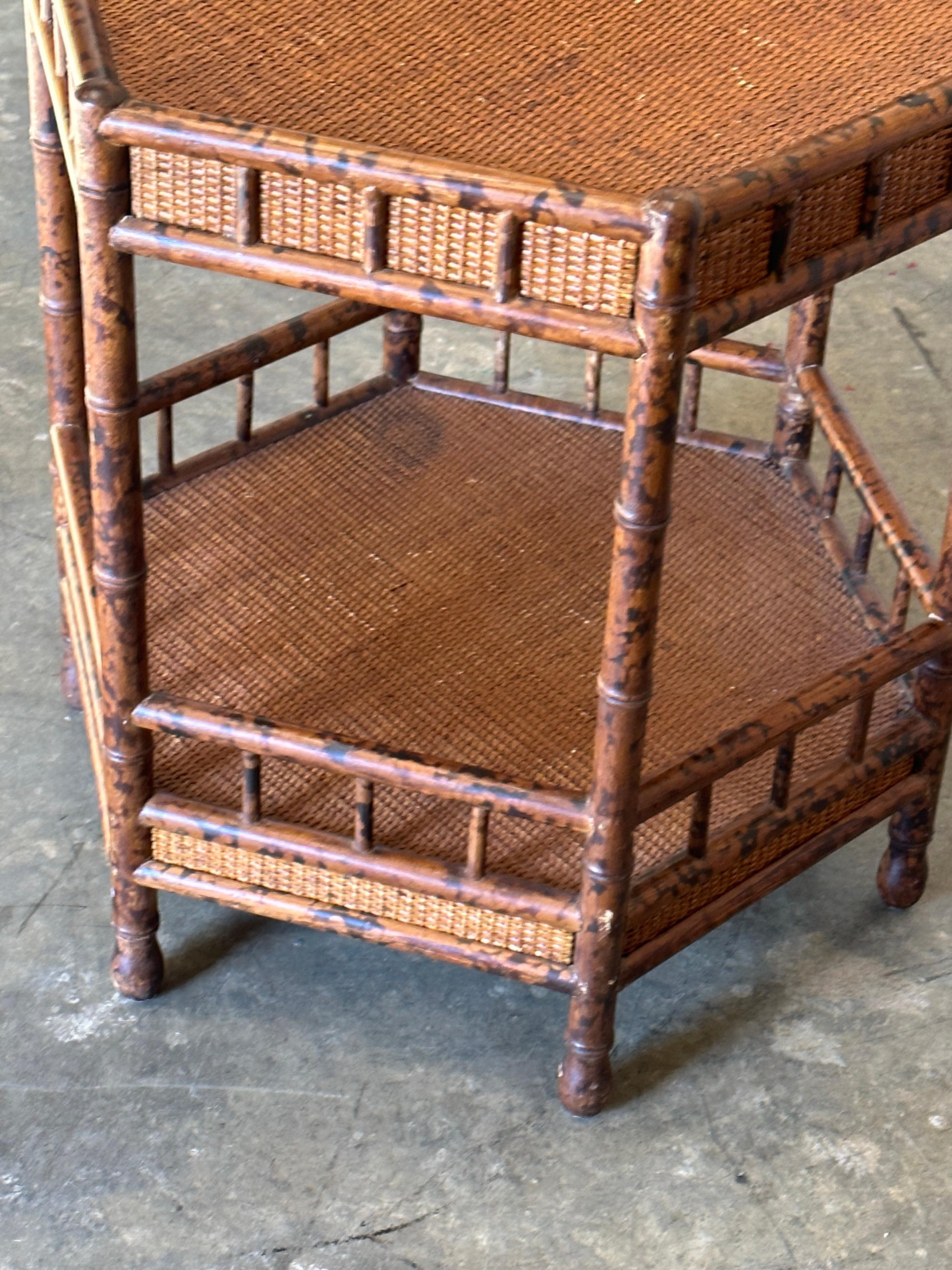 British Colonial Style Tiered Hexagon Table in Faux Bamboo and Cane 4