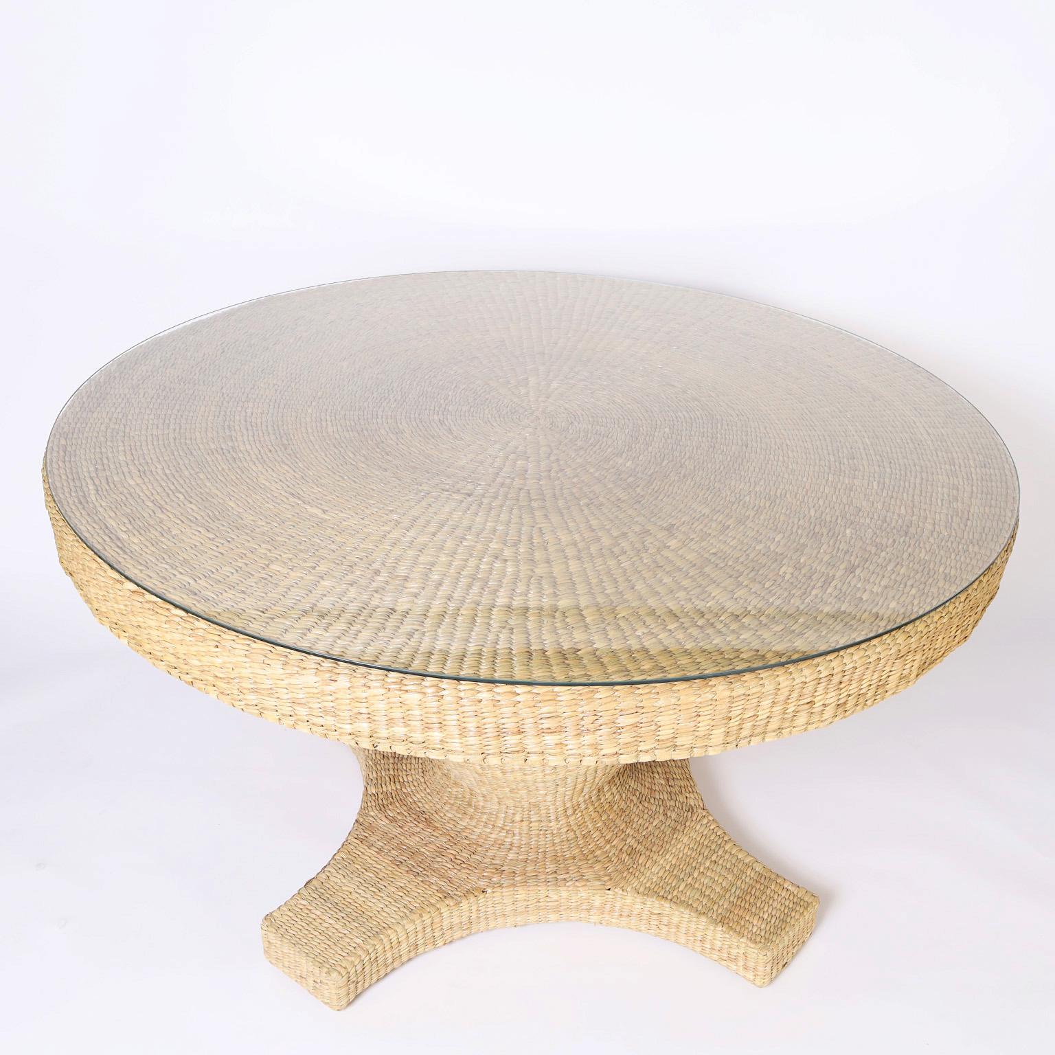 North American British Colonial Style Wicker Pedestal Dining Table