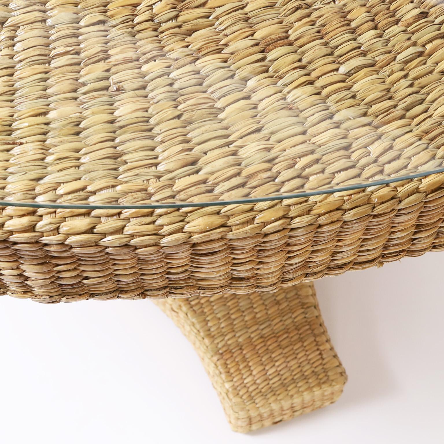 Contemporary British Colonial Style Wicker Pedestal Dining Table