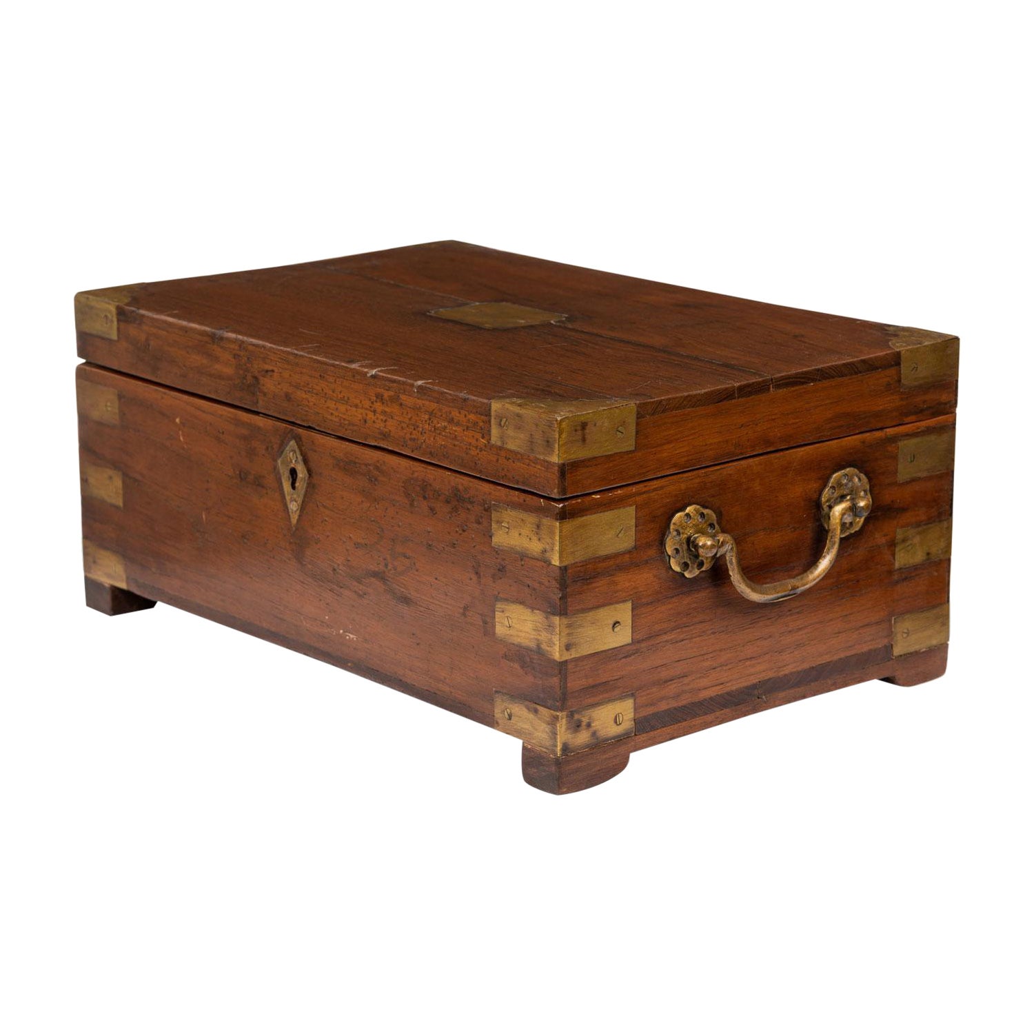 British Colonial Teak and Brass Hinged Top Box For Sale