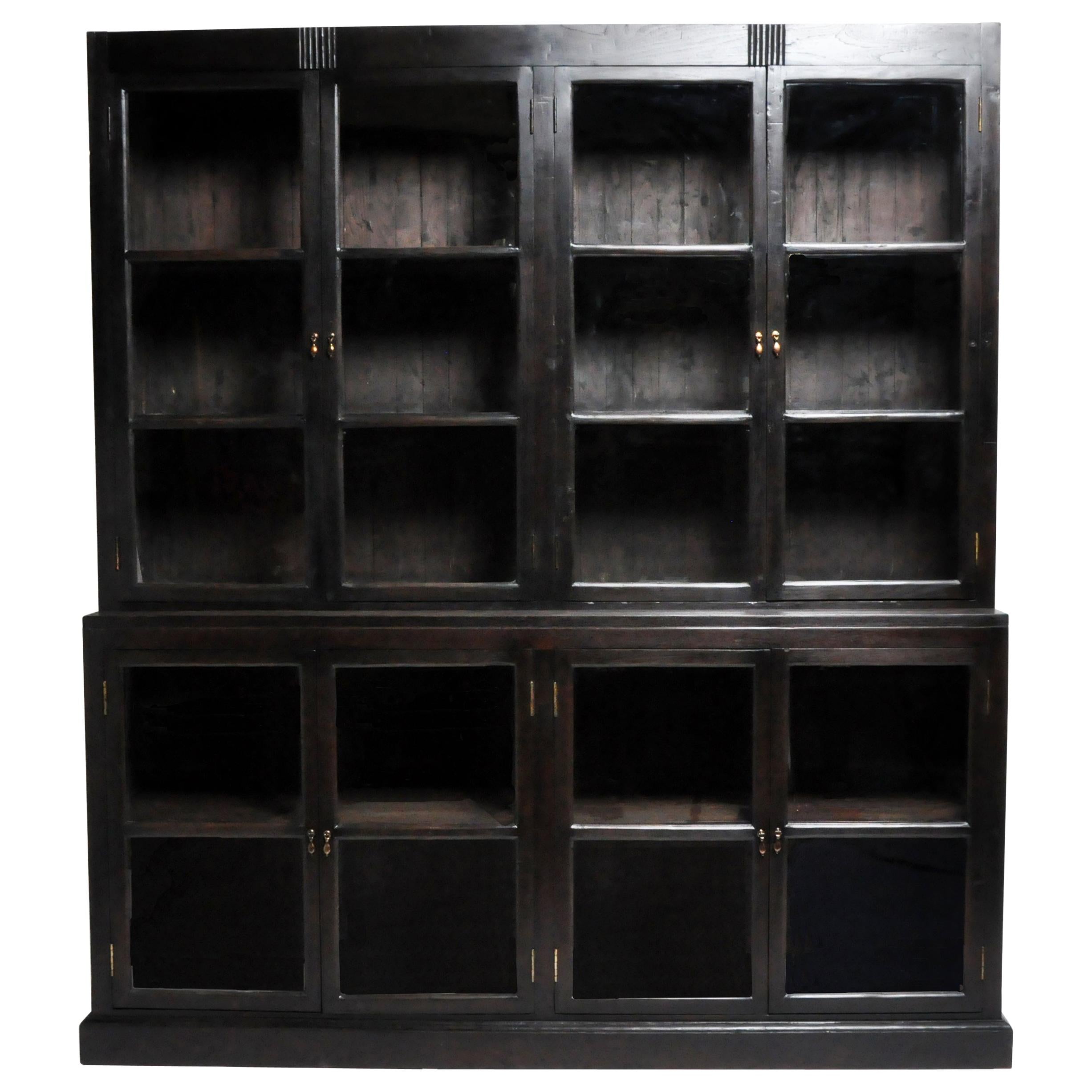 British Colonial Teak Wood Breakfront Bookcase