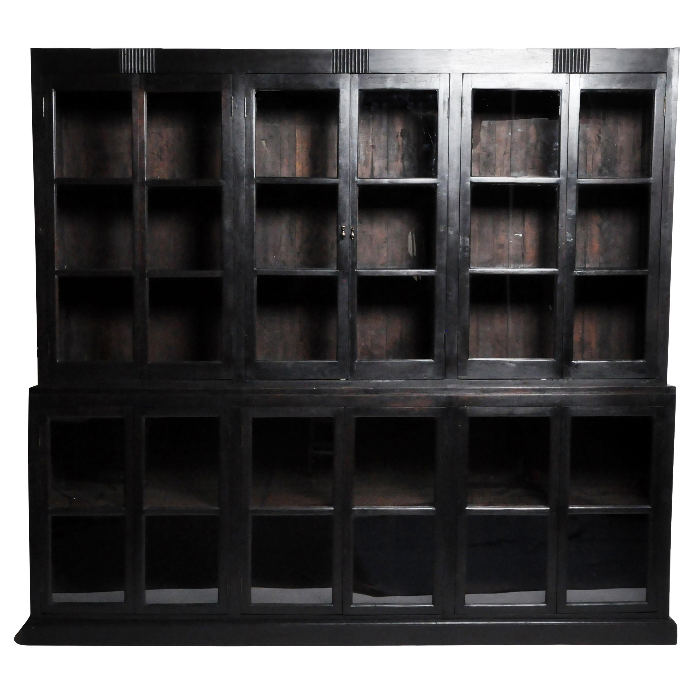 British Colonial Teak Wood Breakfront Bookcase