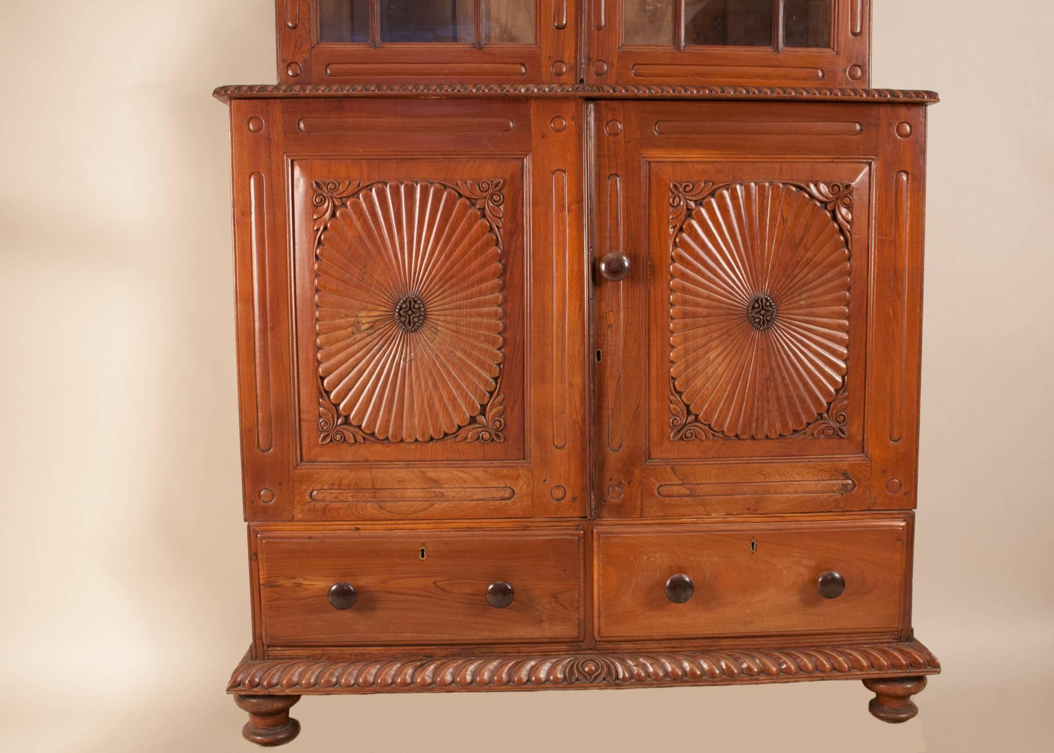 Carved British Colonial Teak Wood China Cabinet Hutch