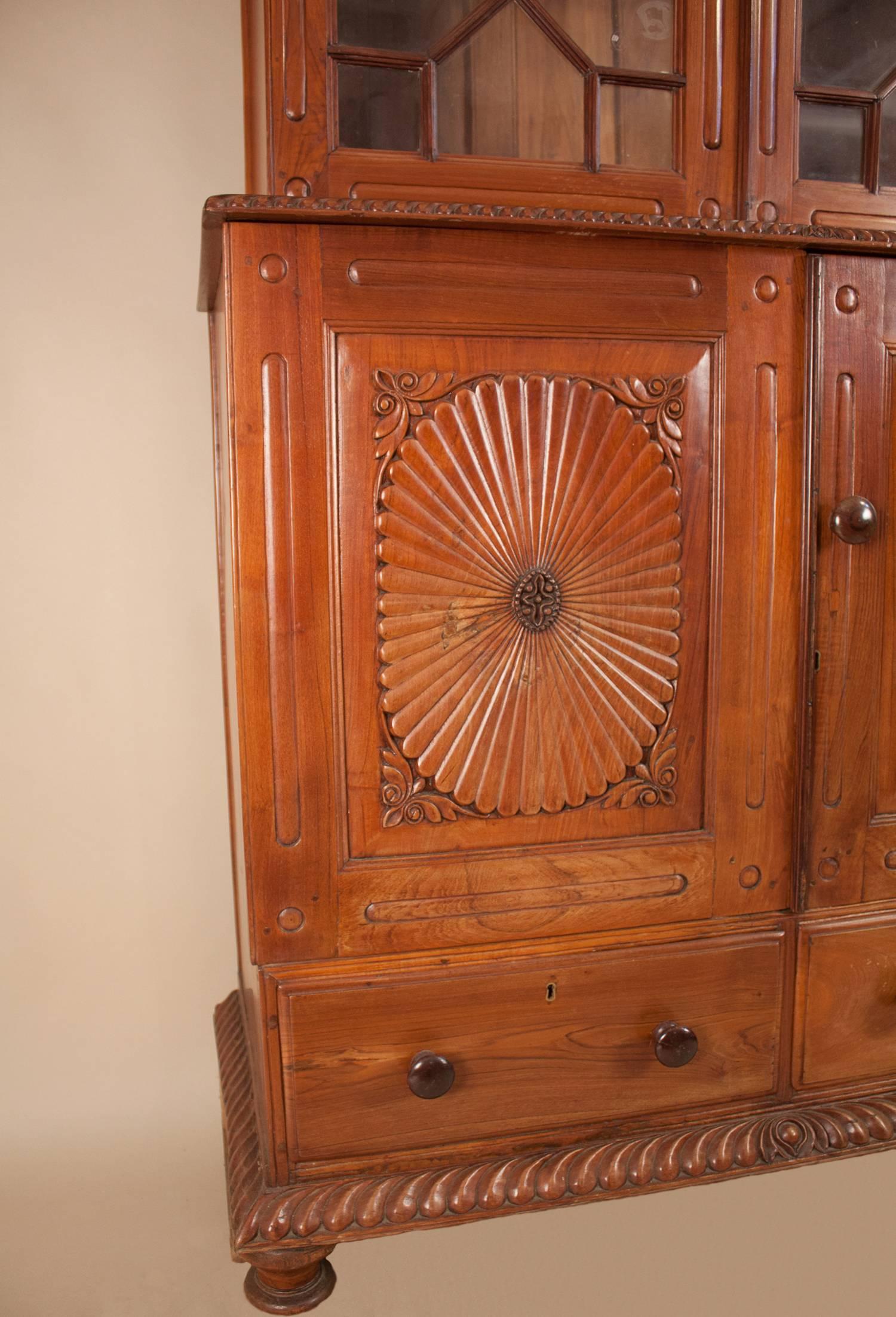 British Colonial Teak Wood China Cabinet Hutch In Good Condition In Heath, MA