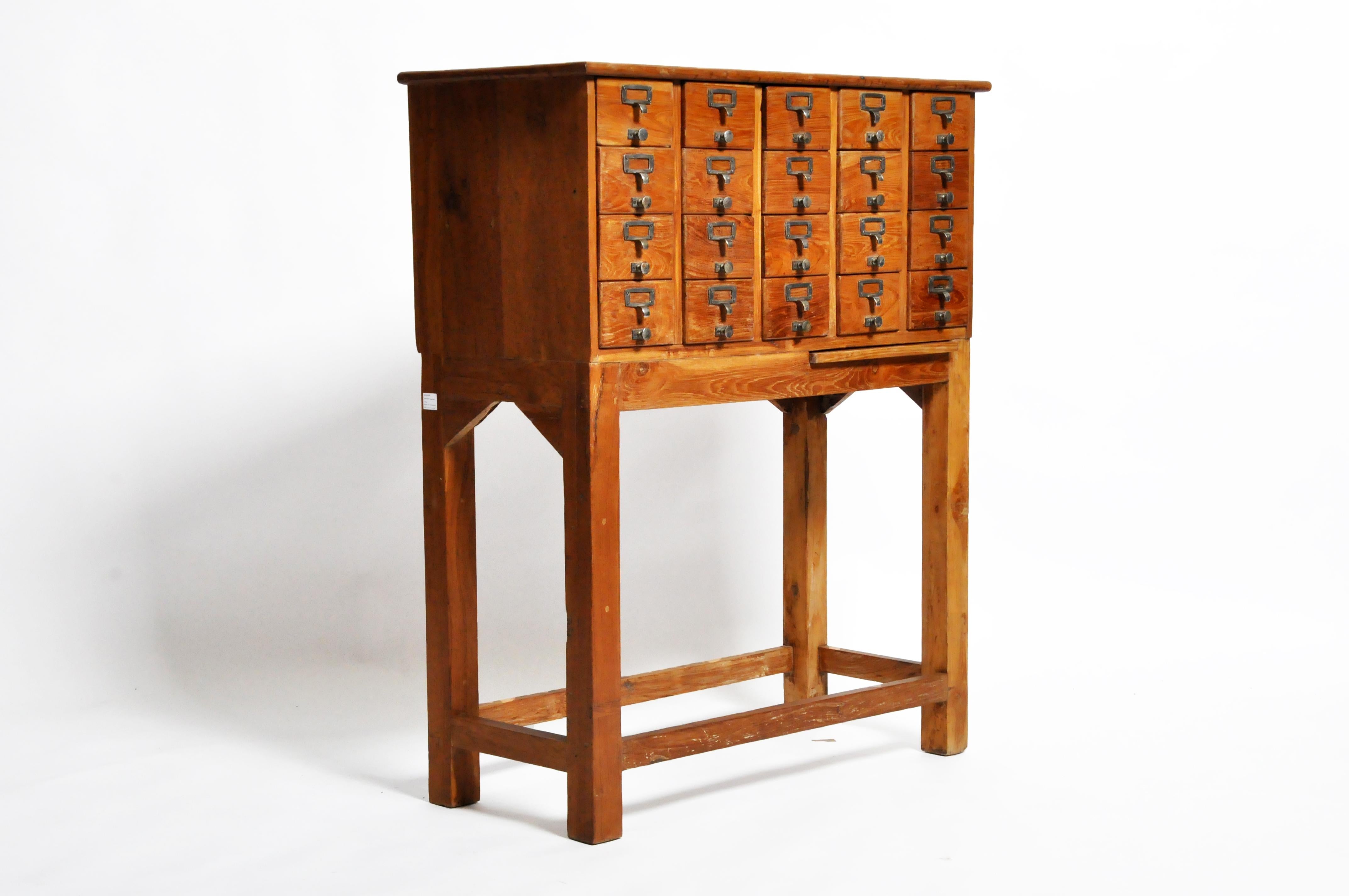 Indian British Colonial Teak Wood Filing Cabinet with 20 Drawers
