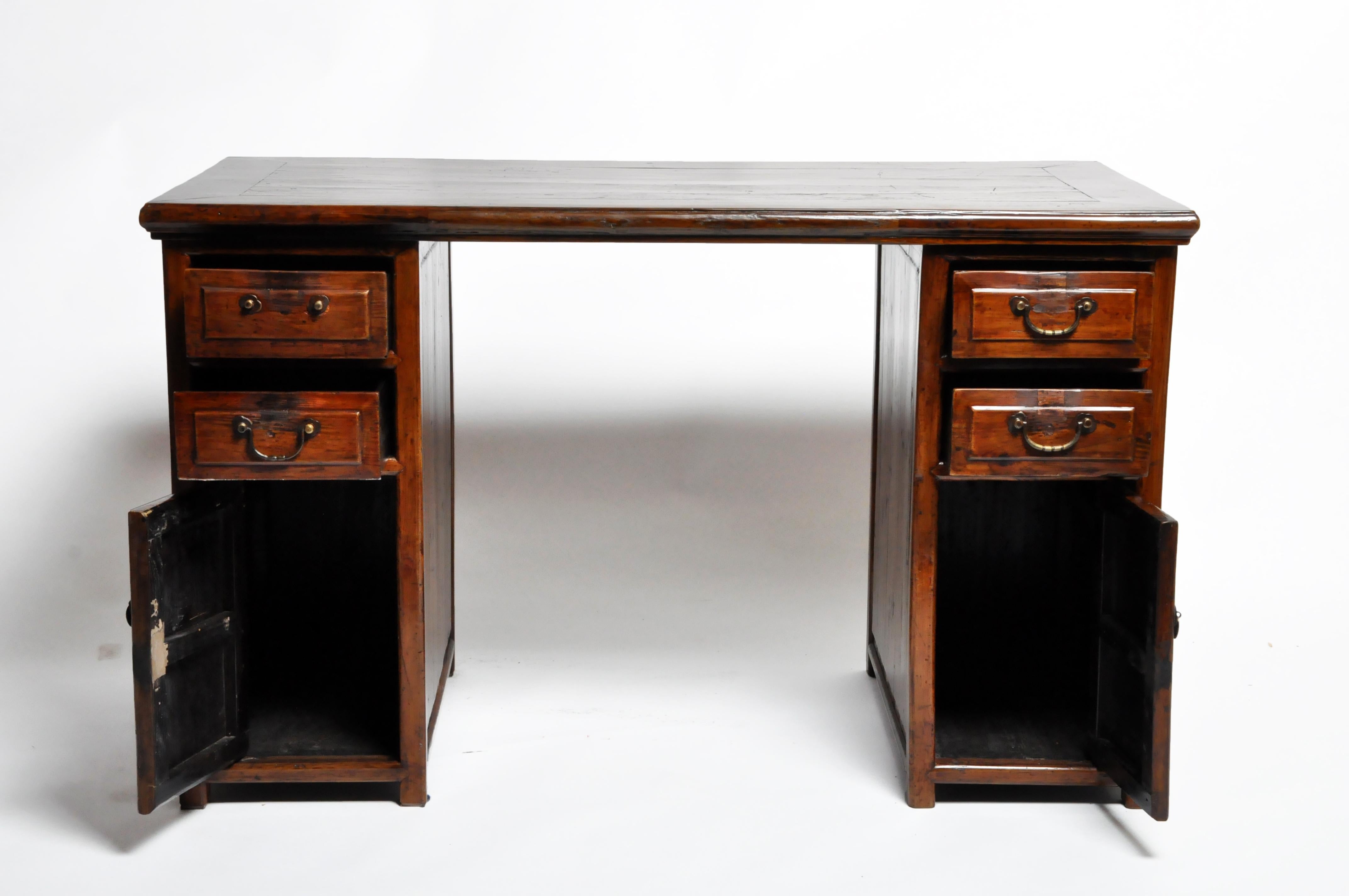 British Colonial Wooden Desk with Four Drawers and Two Doors 3