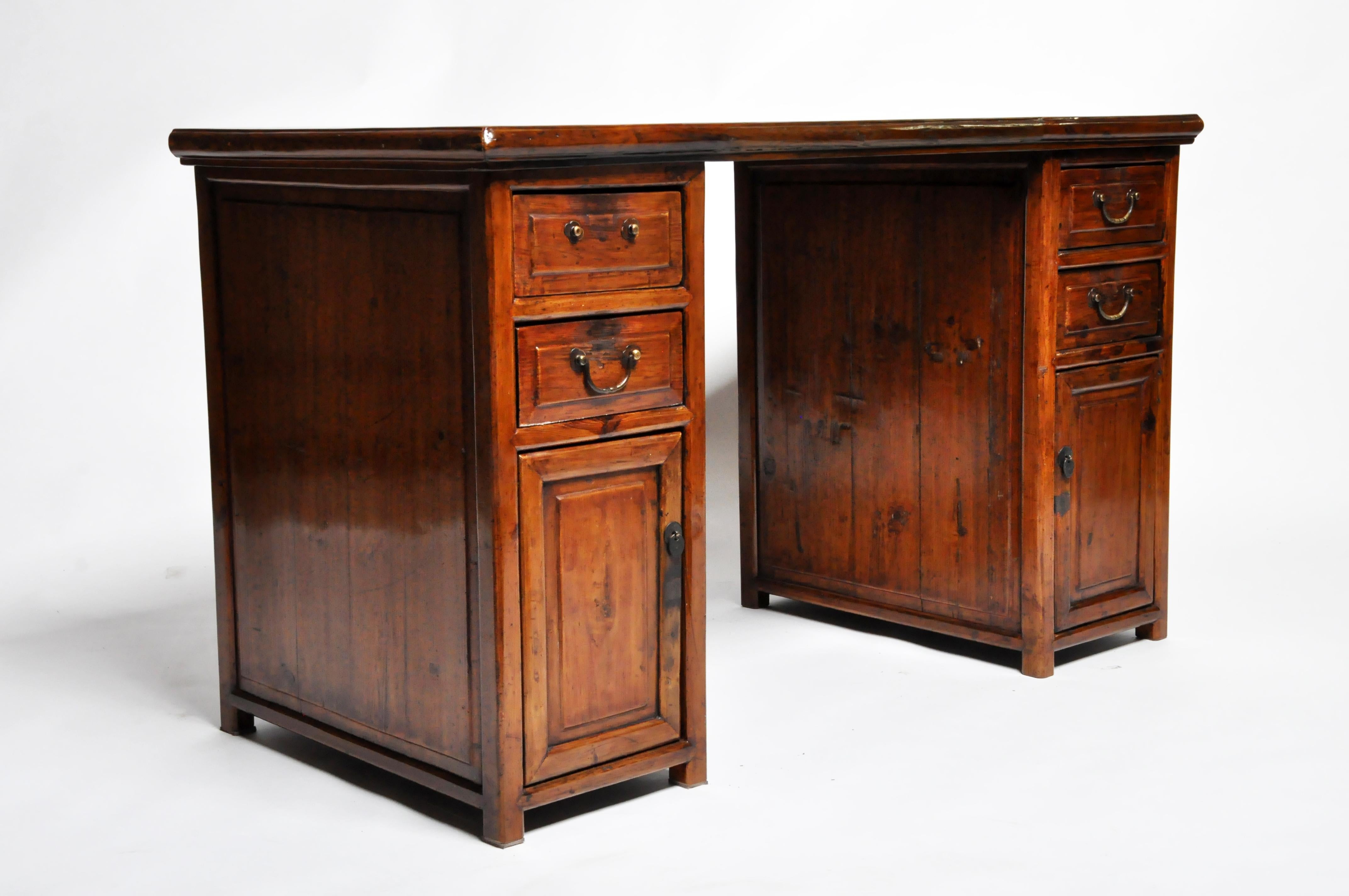 Thai British Colonial Wooden Desk with Four Drawers and Two Doors