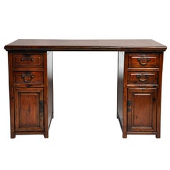 British Colonial Wooden Desk with Four Drawers and Two Doors