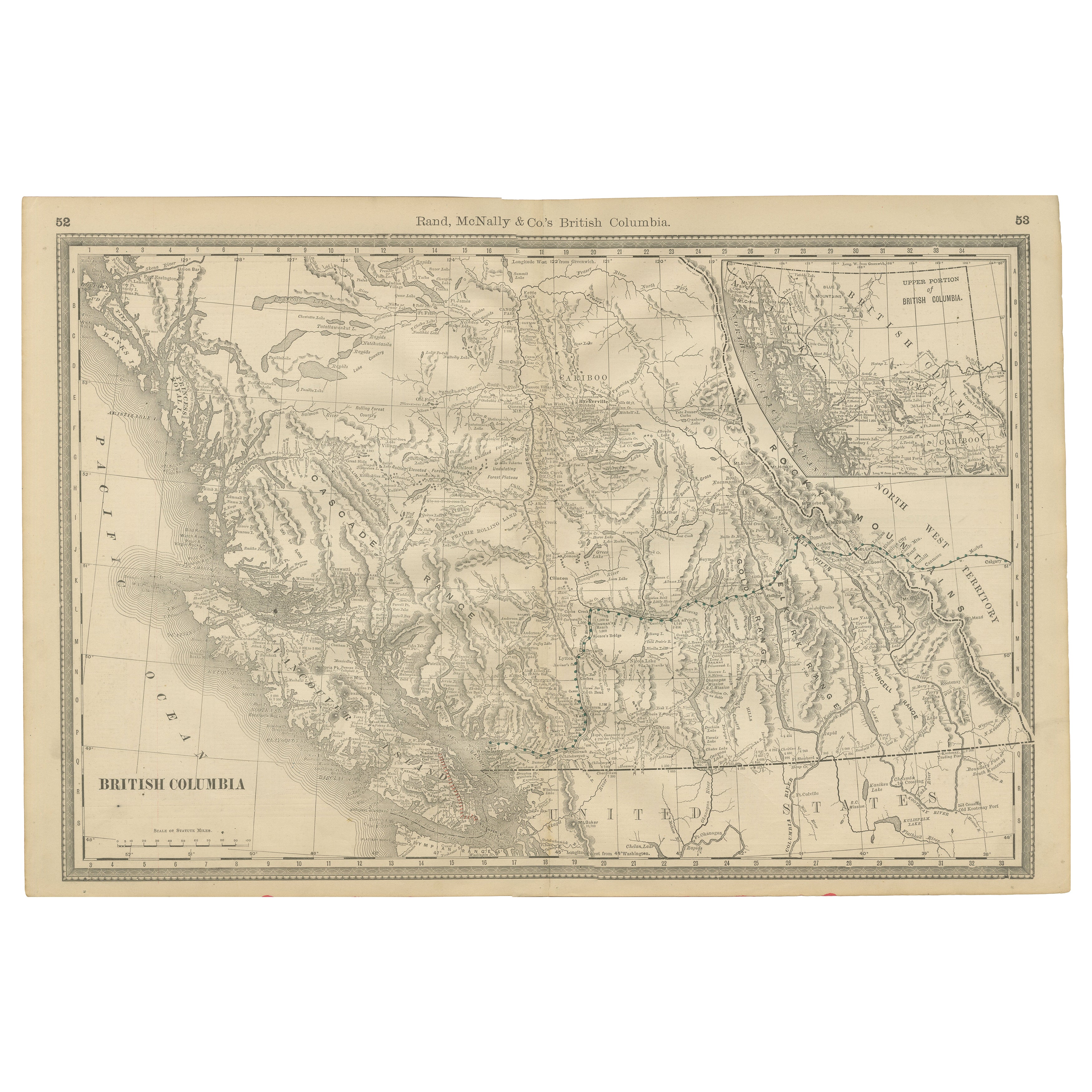 British Columbia 1888 Antique Map – Beautiful BC, Towns & Settlements For Sale