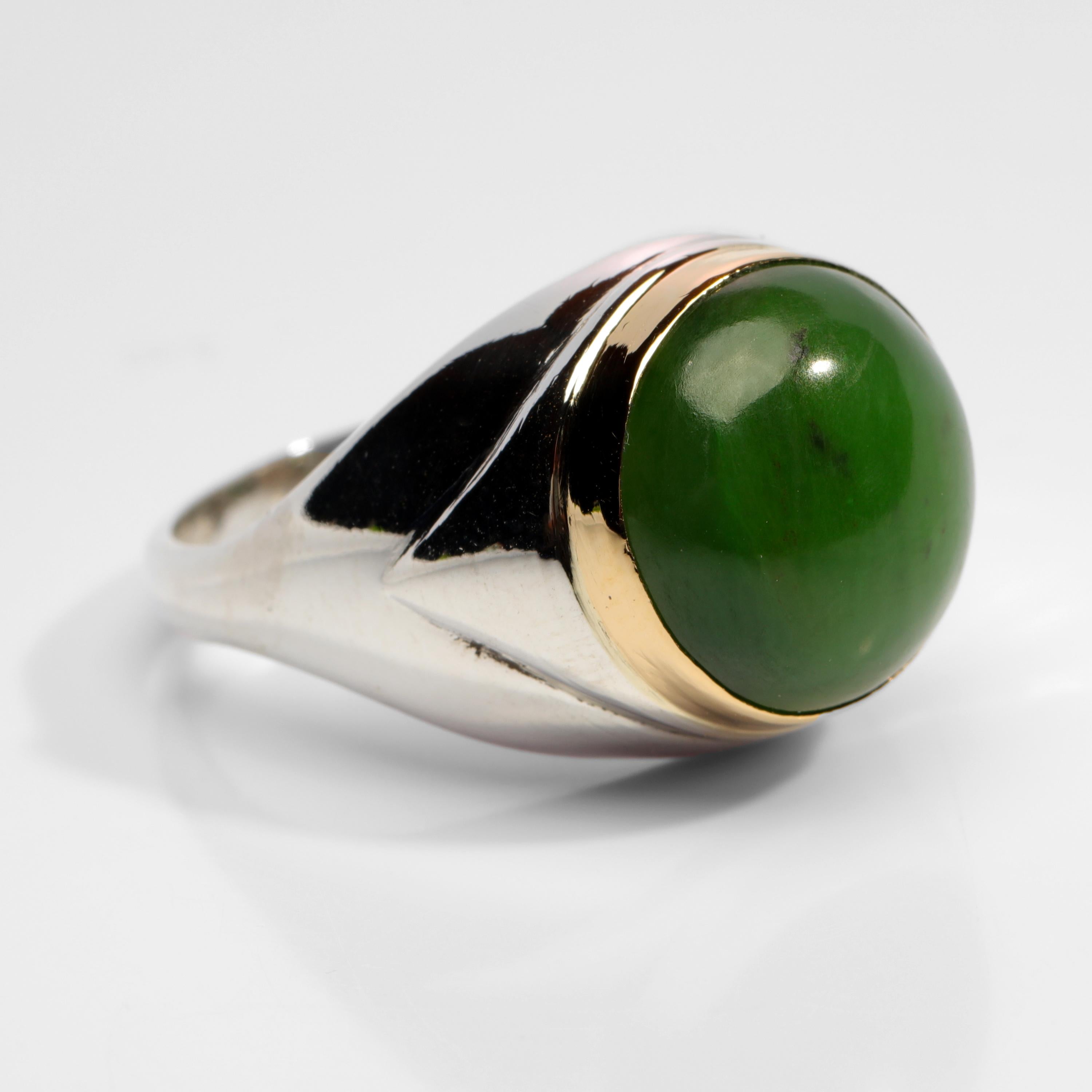 British Columbian Jade Ring in Silver and Gold In Excellent Condition In Southbury, CT