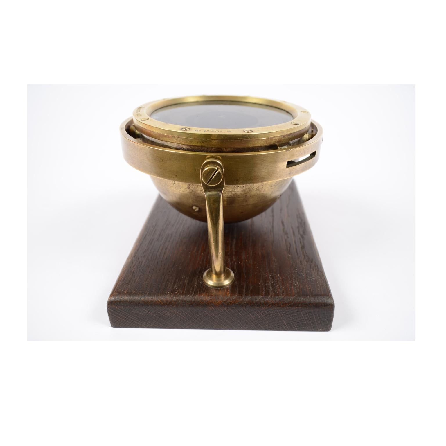 Mid-20th Century British Compass of the 1940s Brass and Bronze on a Wooden Base