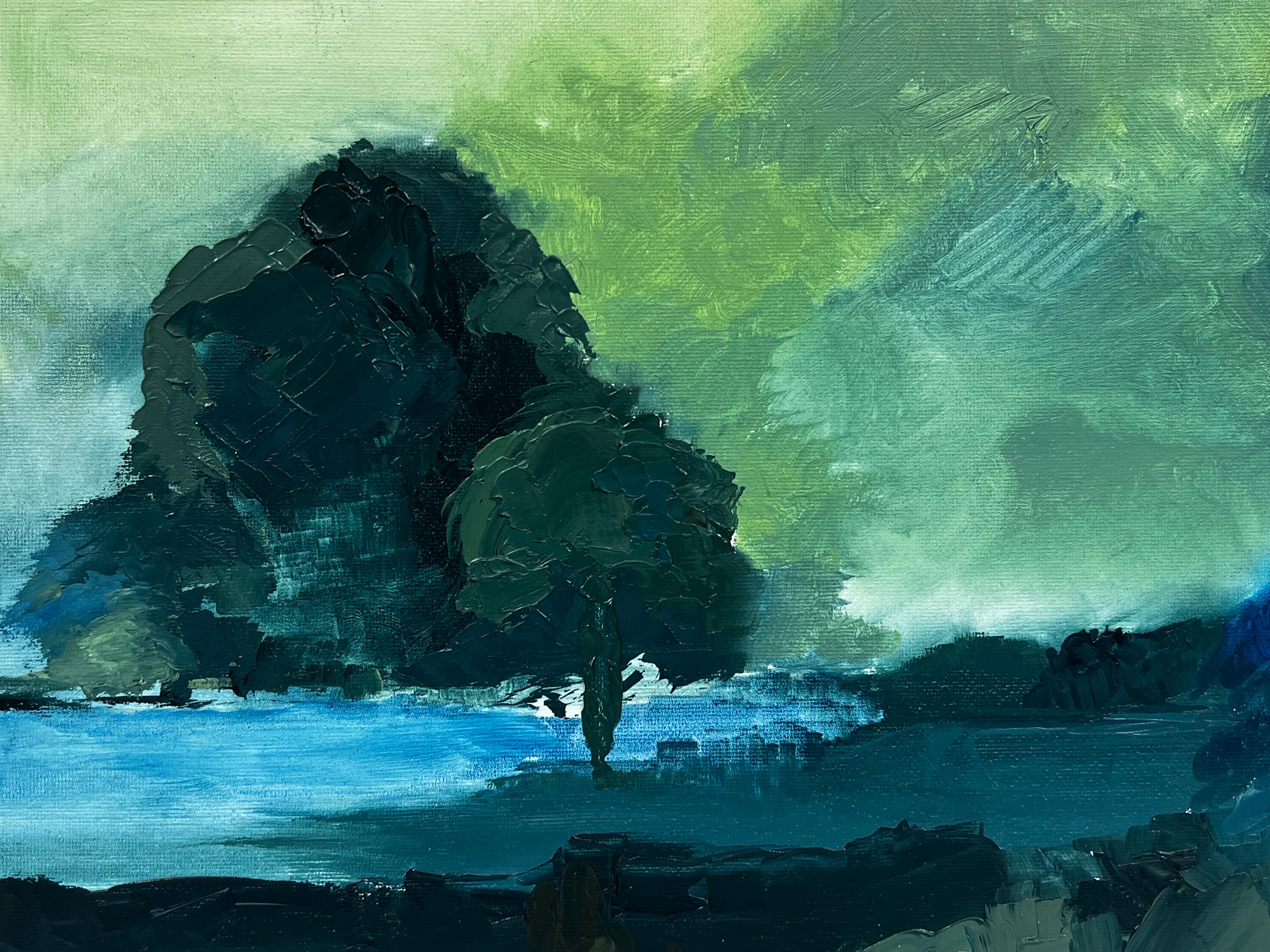 Atmospheric Moody Blue Landscape with Tree & Pond Brooding Skies, modern art - Painting by British contemporary