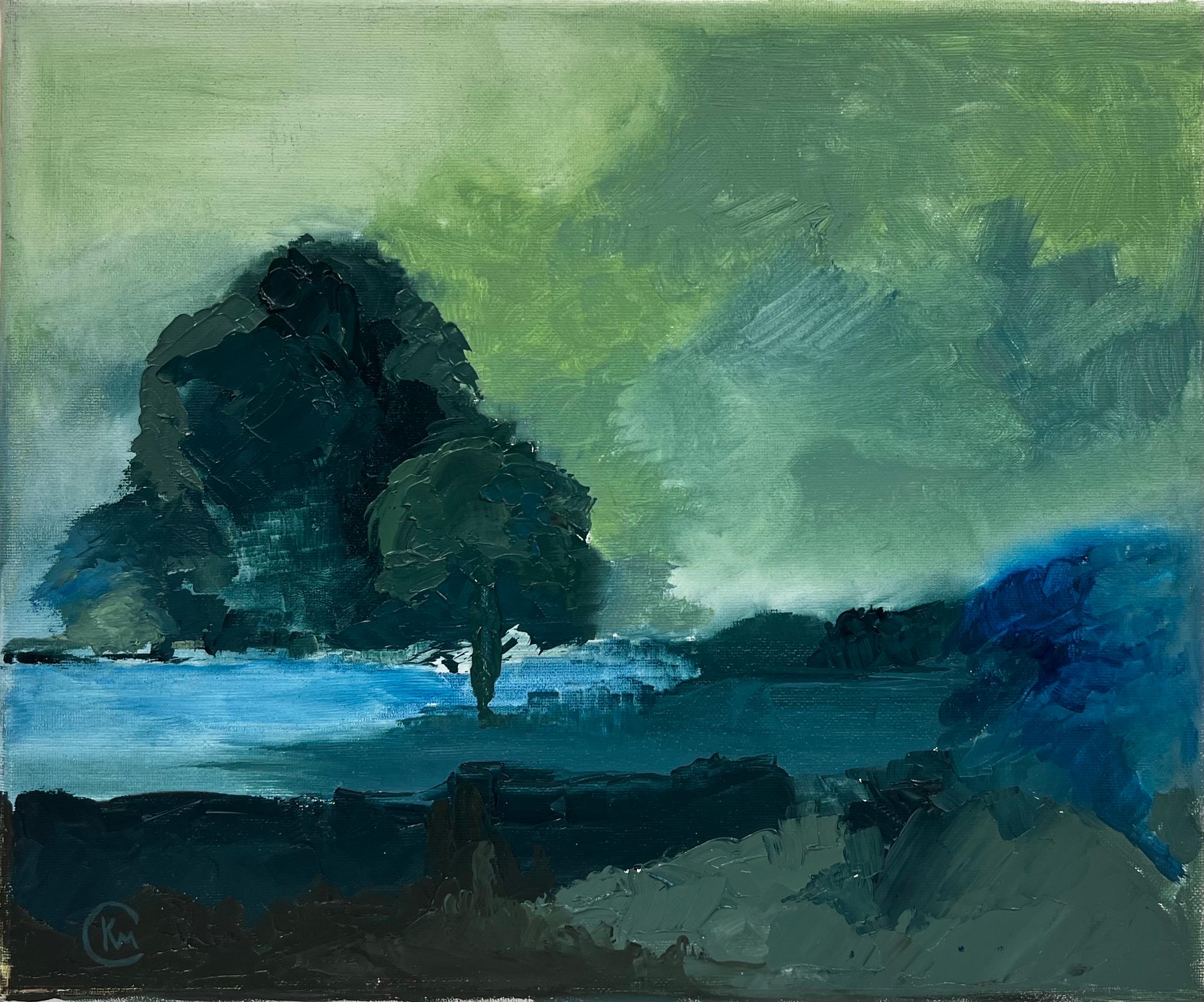 British contemporary Landscape Painting - Atmospheric Moody Blue Landscape with Tree & Pond Brooding Skies, modern art