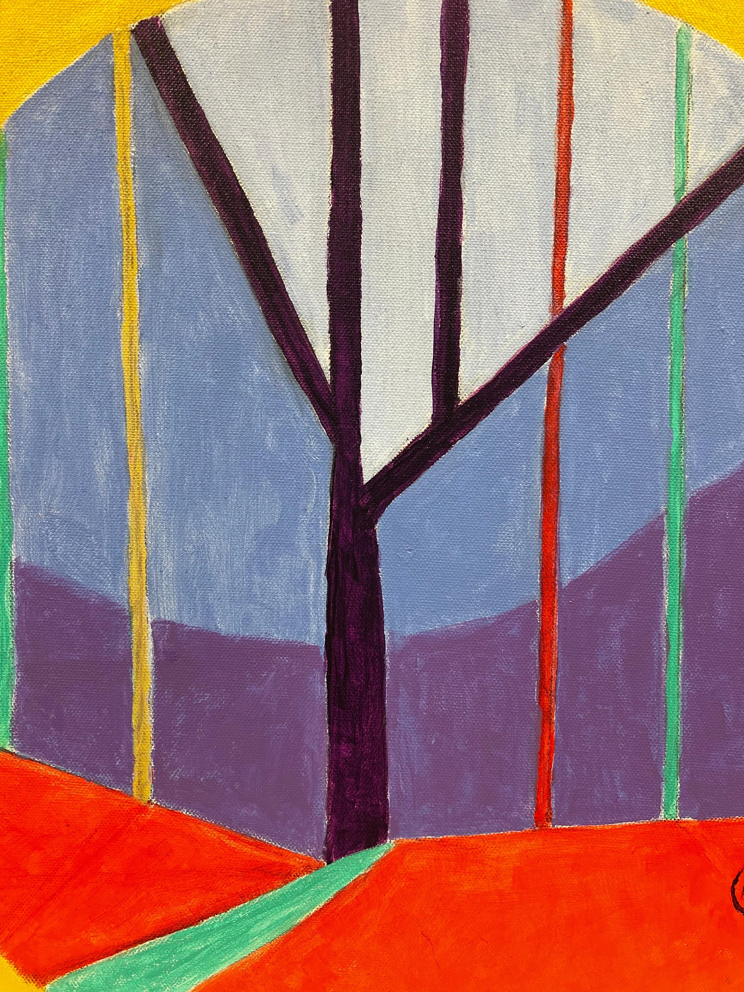 Rundes abstraktes zeitgenssisches britisches Gemlde auf Leinwand in Rot, Blau, Gold und Lila – Painting von British contemporary