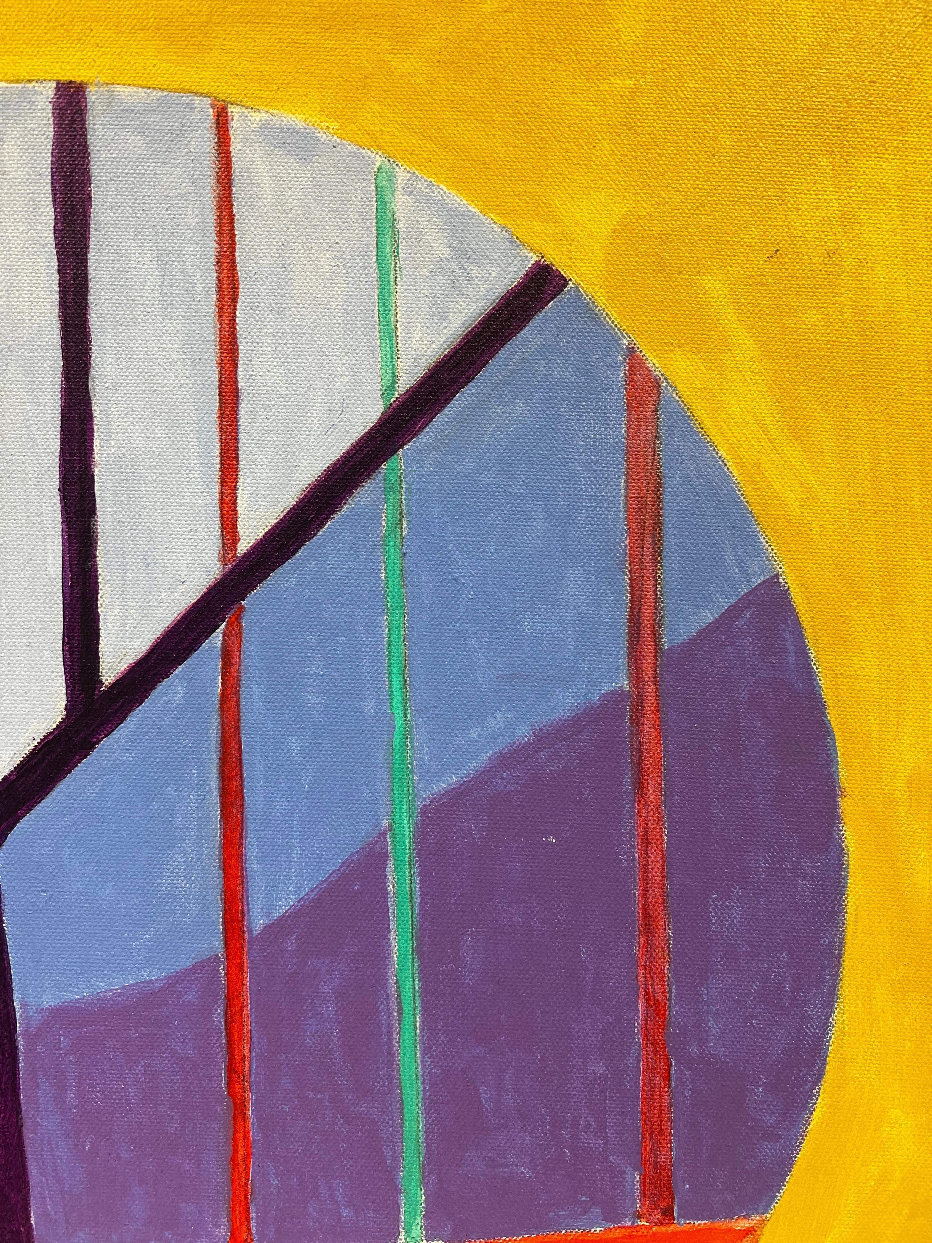 Rundes abstraktes zeitgenssisches britisches Gemlde auf Leinwand in Rot, Blau, Gold und Lila (Abstrakt), Painting, von British contemporary