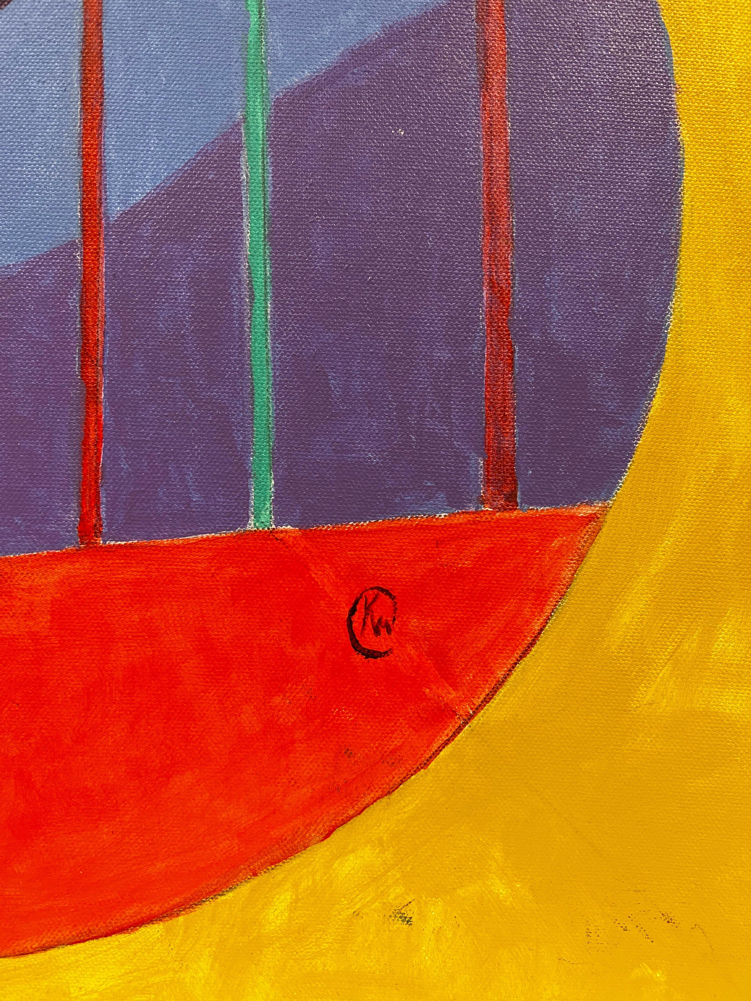 Rundes abstraktes zeitgenssisches britisches Gemlde auf Leinwand in Rot, Blau, Gold und Lila (Orange), Landscape Painting, von British contemporary
