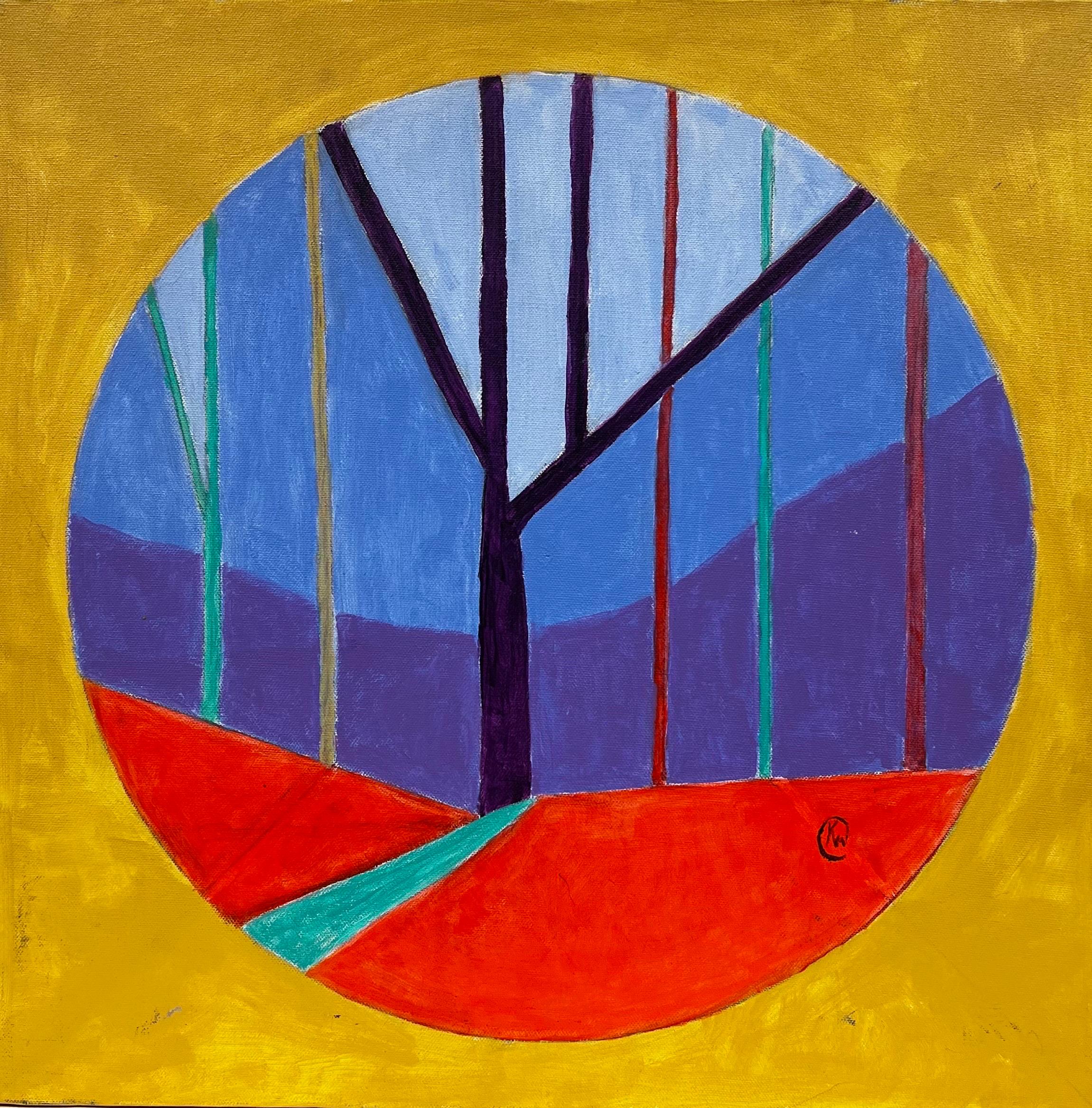 Peinture circulaire abstraite britannique contemporaine sur toile rouge, bleu, or et violet