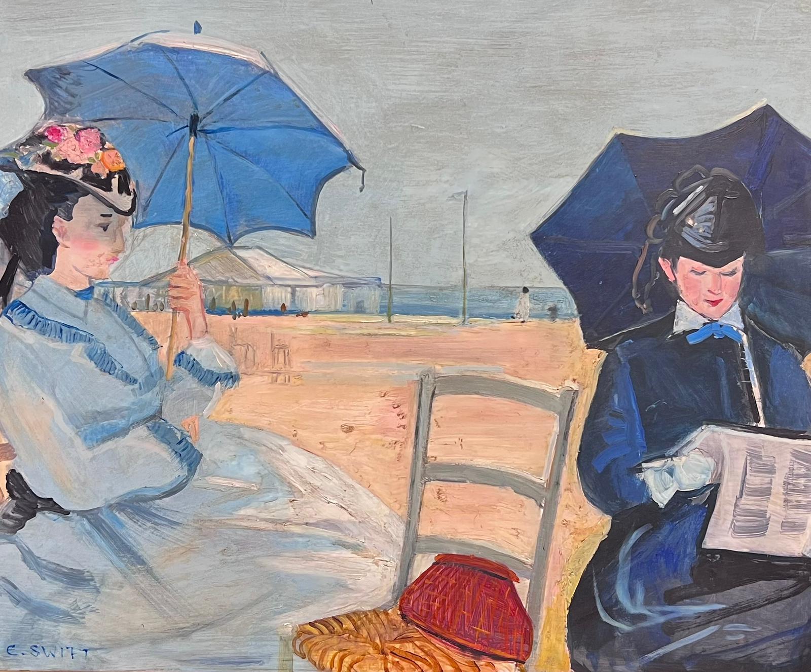 Elegant Ladies with Parasols on the Beach Large Impressionist Signed Oil - Painting by British contemporary