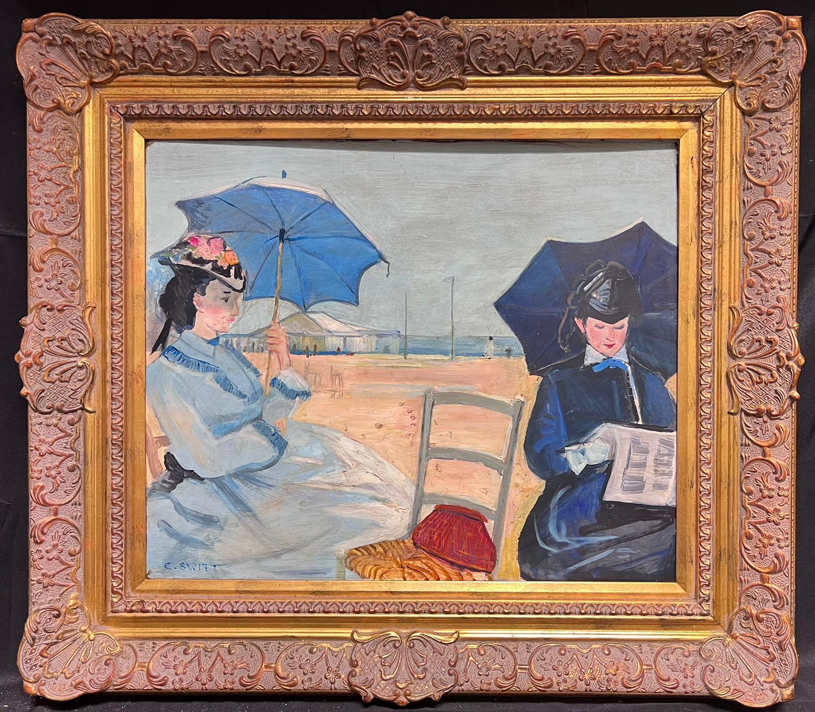 British contemporary Landscape Painting - Elegant Ladies with Parasols on the Beach Large Impressionist Signed Oil