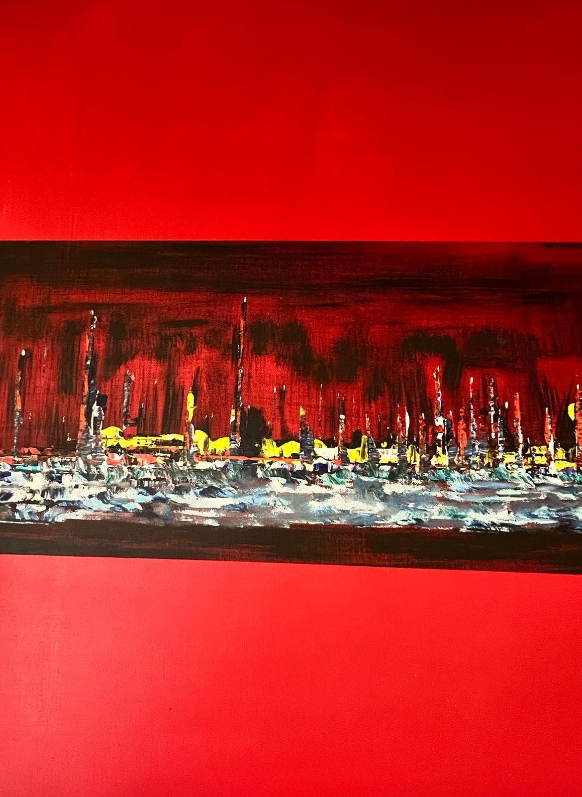Huge British Contemporary Abstract Painting Crimson Cities Skyline Signed 2008 For Sale 1