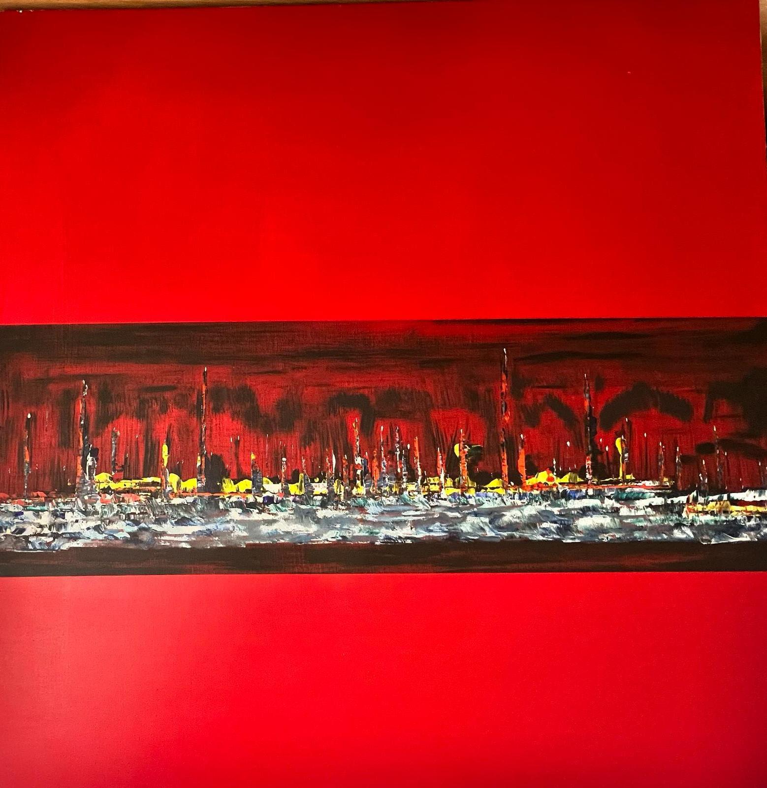 Abstract Painting British contemporary - Grande peinture abstraite britannique contemporaine Crimson Cities Skyline signée 2008