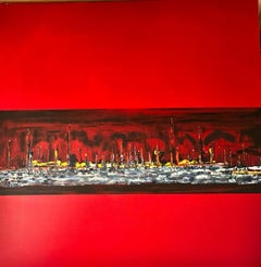 Grande peinture abstraite britannique contemporaine Crimson Cities Skyline signée 2008