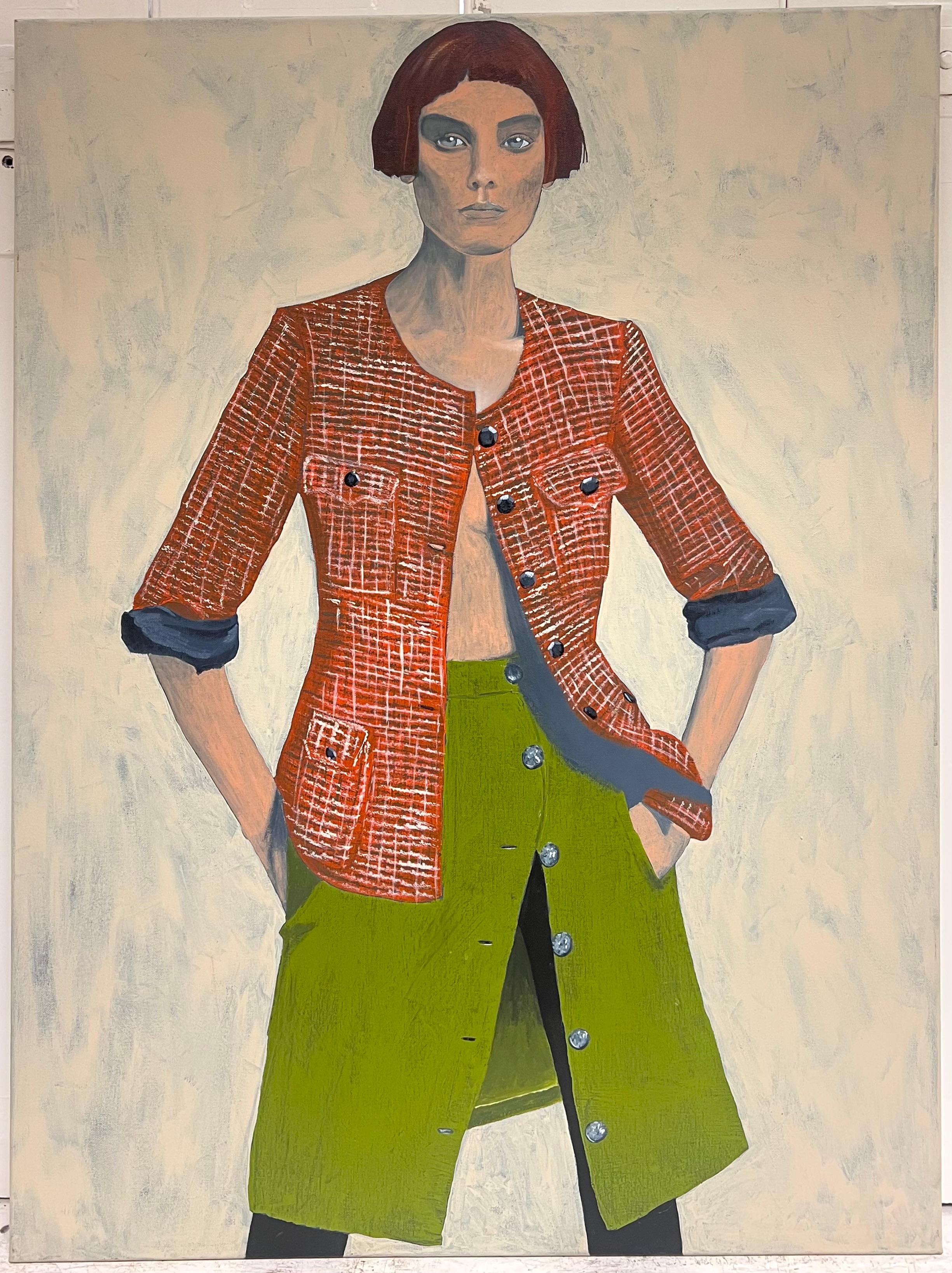 Enorme ritratto britannico contemporaneo di giovane donna con gonna verde  pittura ad olio - Painting Moderno di British contemporary