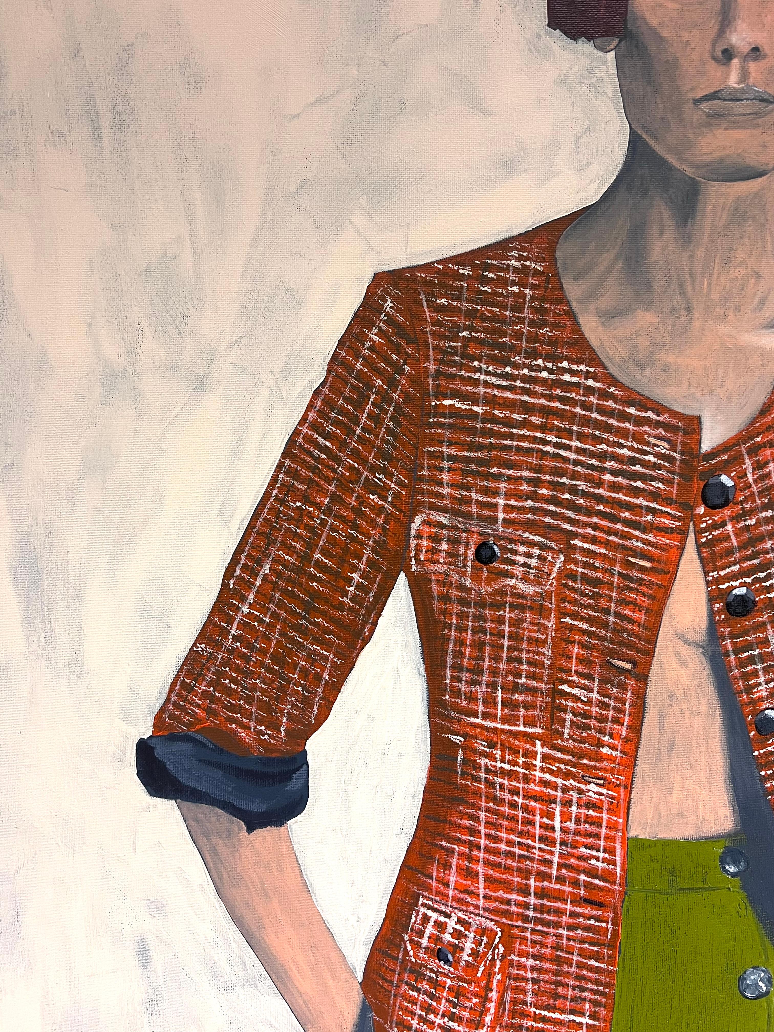 Enorme ritratto britannico contemporaneo di giovane donna con gonna verde  pittura ad olio in vendita 2