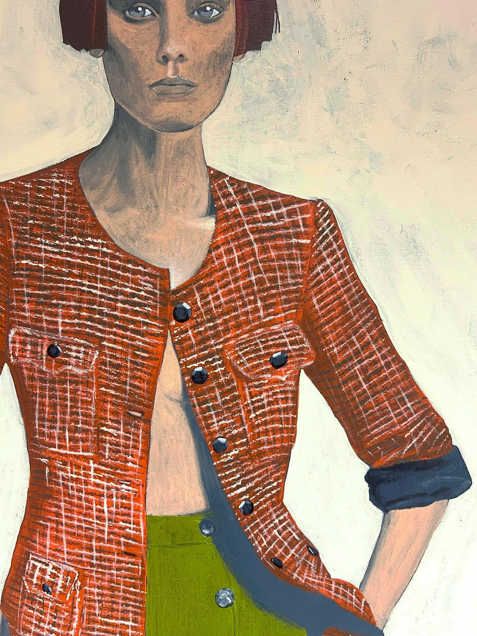 Enorme ritratto britannico contemporaneo di giovane donna con gonna verde  pittura ad olio in vendita 3