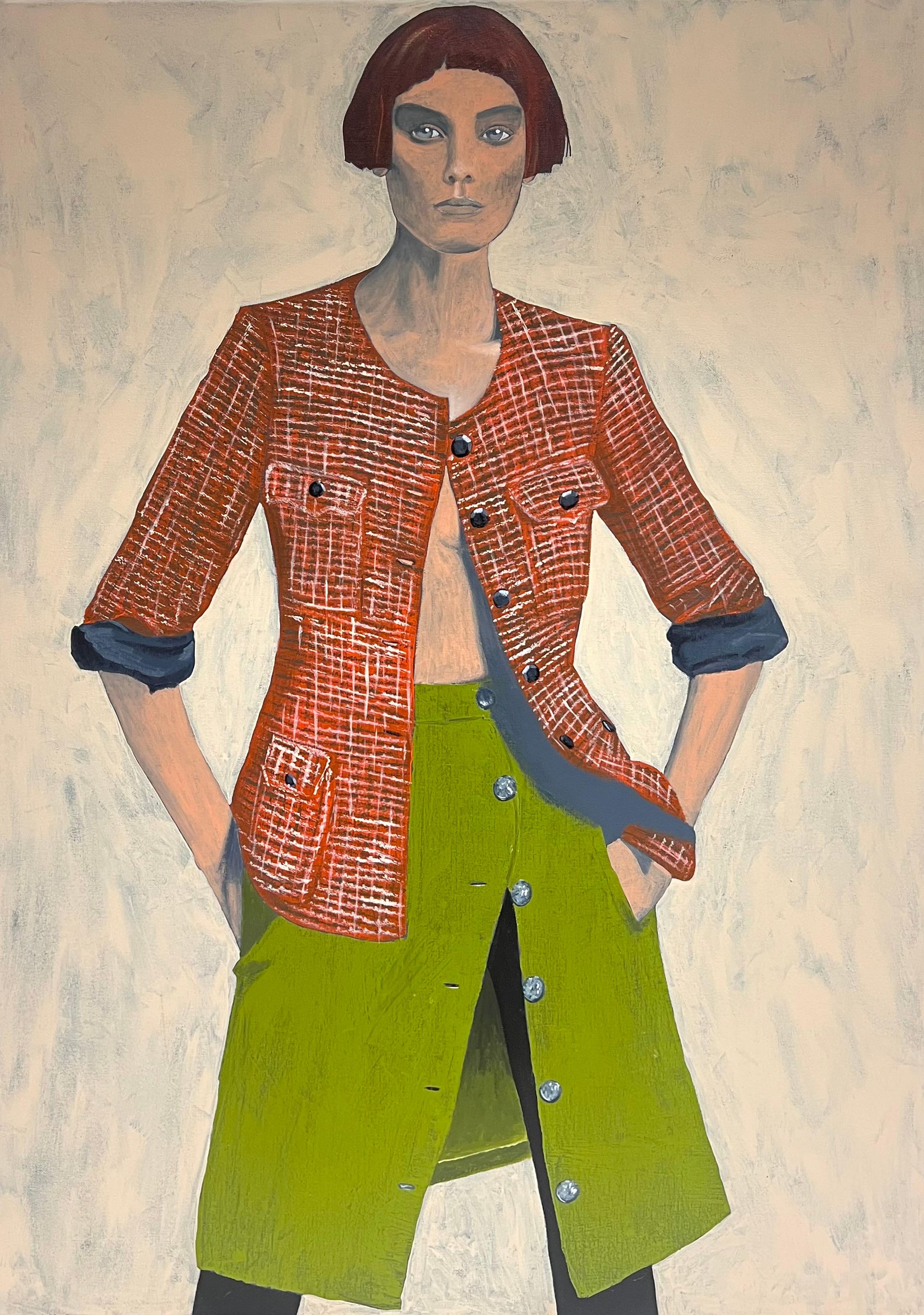 Figurative Painting di British contemporary - Enorme ritratto britannico contemporaneo di giovane donna con gonna verde  pittura ad olio