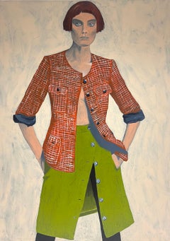 Huge British Contemporary Portrait of Young Woman Green Skirt  oil painting