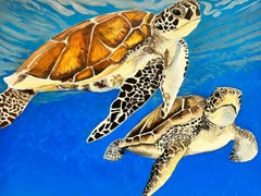 Sea Turtles Swimming in Blue Sea Large Contemporary British Painting on Canvas