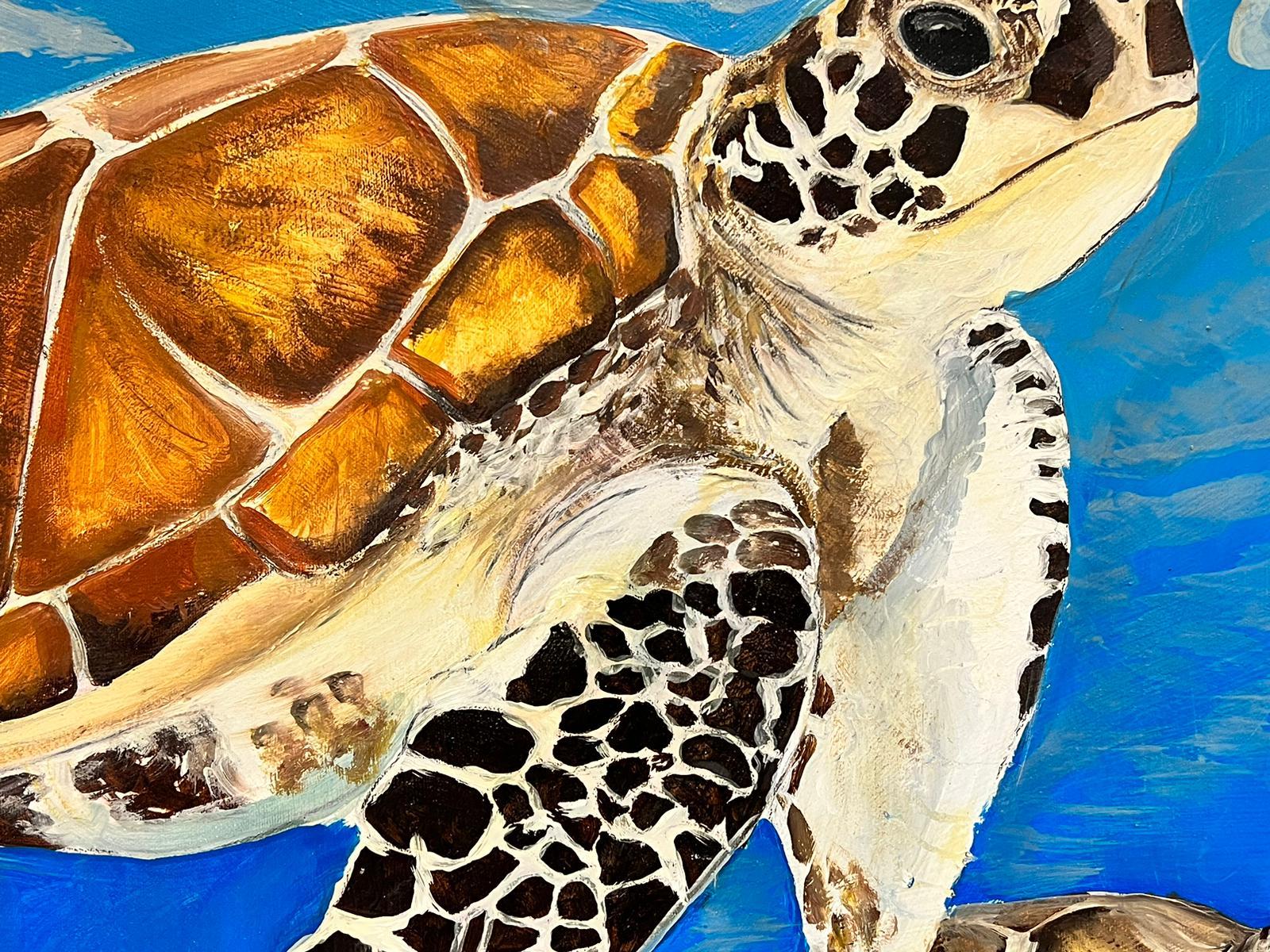 Sea Turtles Swimming in Blue Sea Large Contemporary British Painting on Canvas For Sale 3