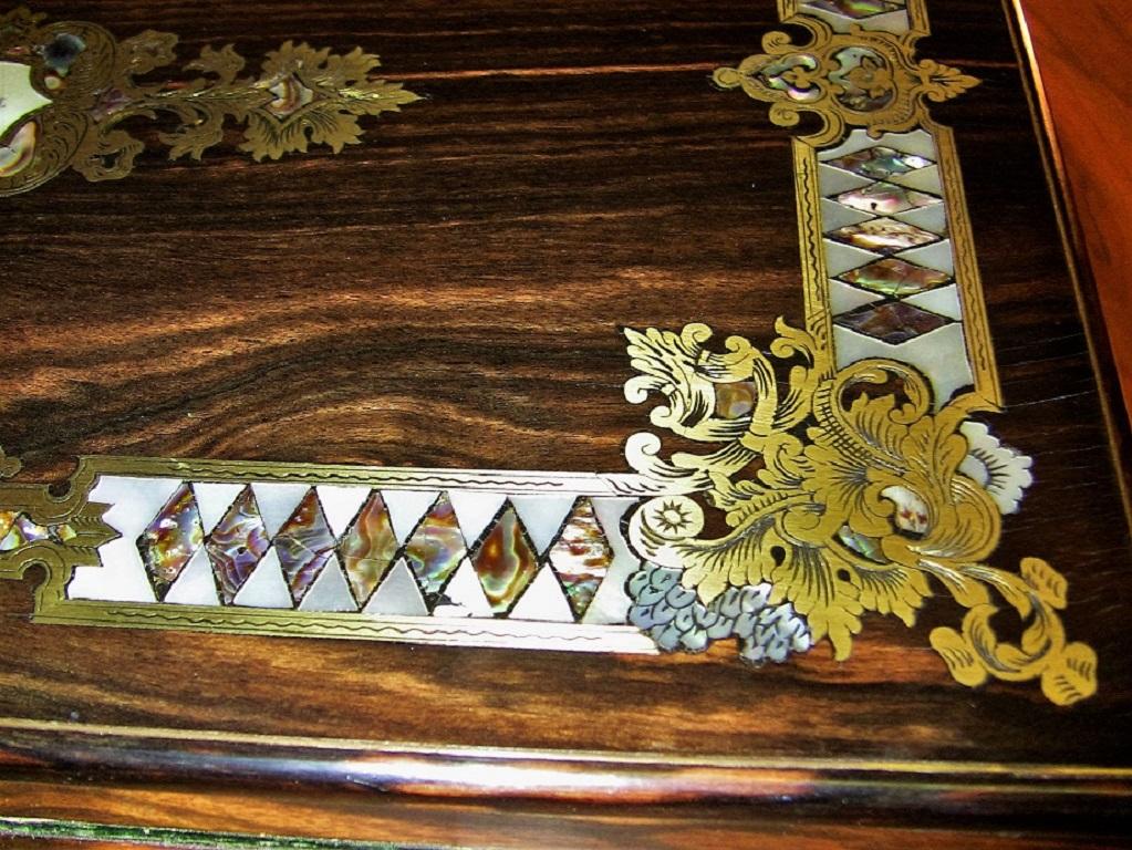 19th Century British Coromandel Brass Mother-of-Pearl and Abalone Writing Slope or Lap Desk