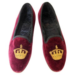 Vintage British Crown Embroidery Velvet Burgundy Loafers Slip On Size 6.5